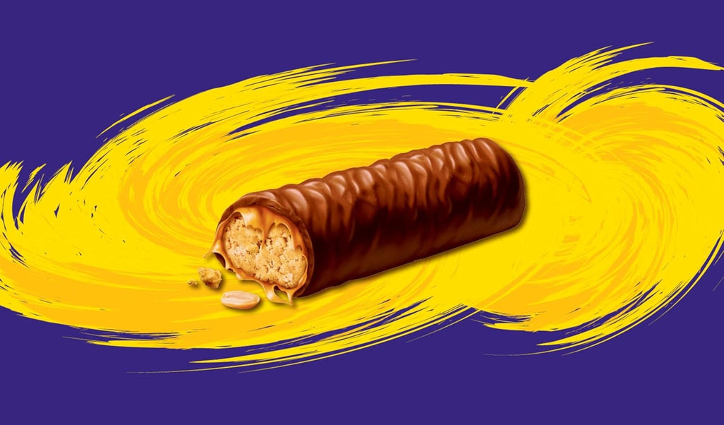 Cadbury Wunderbar Chocolate Bar, Single Full Size Chocolate Bar - 49g with a bite taken out of it on a yellow and blue background