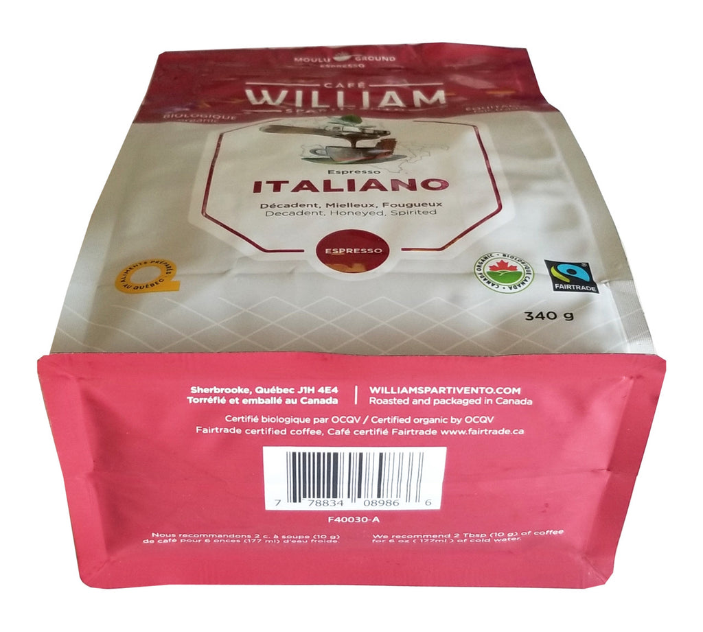 Cafe William Organic Espresso Italiano Ground Coffee, 340g/12 oz. Bag {Imported from Canada}