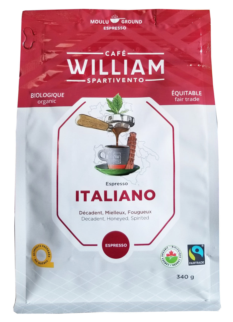 Cafe William Organic Espresso Italiano Ground Coffee, 340g/12 oz. Bag {Imported from Canada}