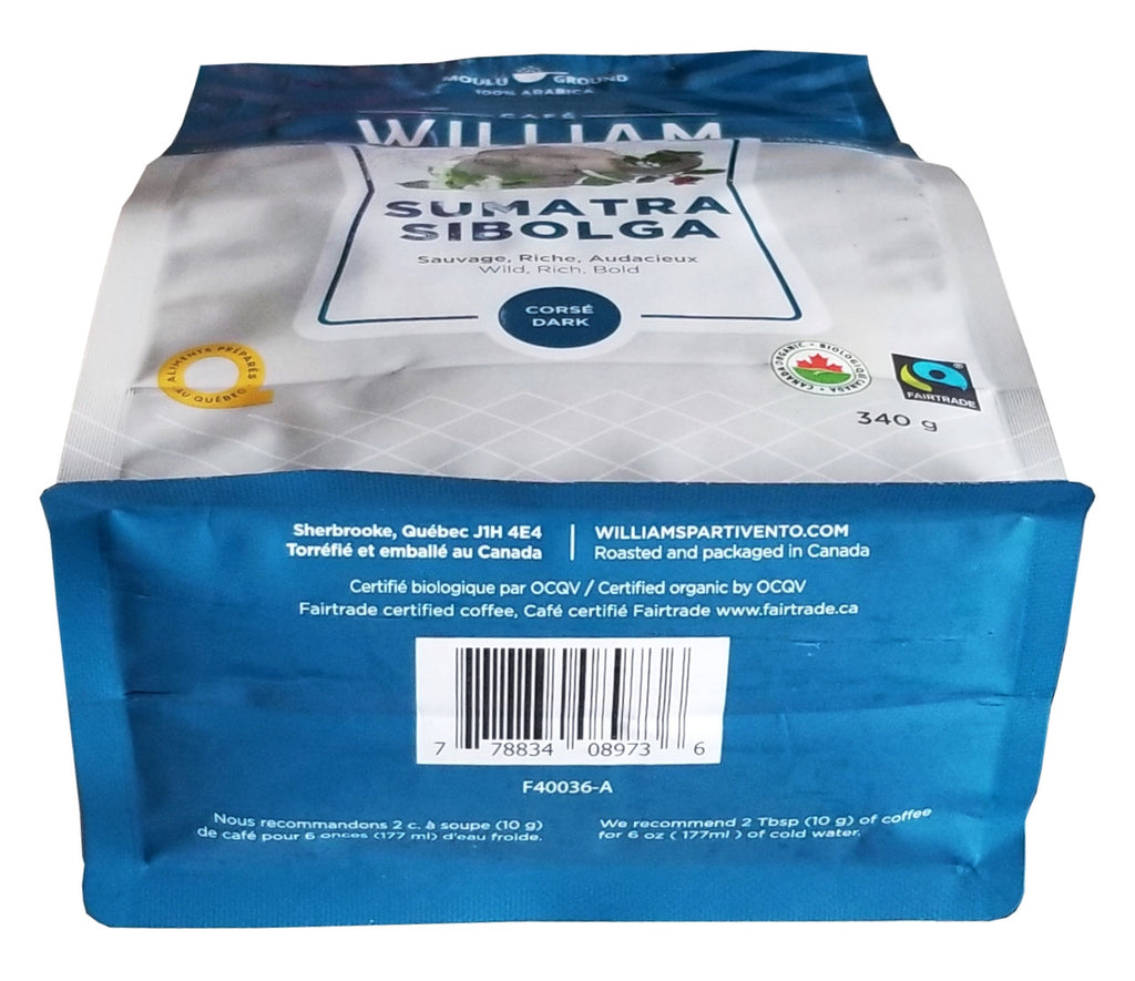 Cafe William Organic Sumatra Dark Ground Coffee, 340g/12 oz. Bag {Imported from Canada}