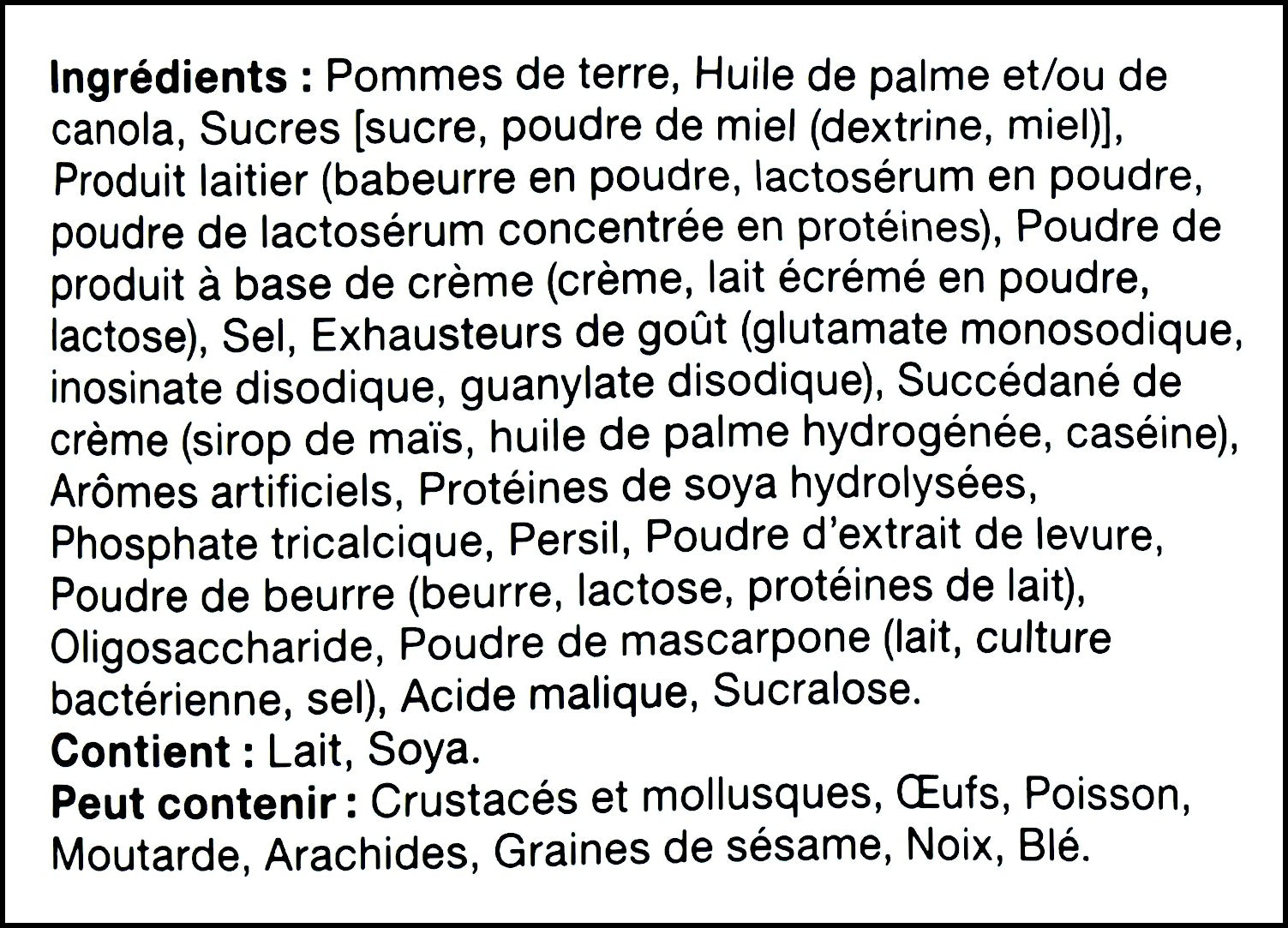 French ingredients label of Calbee Sweet Potato Chips, Honey and Butter Flavored, 55g/2 oz. Bag