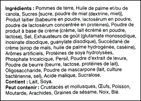 French ingredients label of Calbee Sweet Potato Chips, Honey and Butter Flavored, 55g/2 oz. Bag