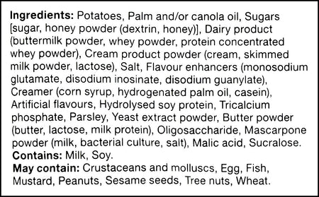 Ingredients label of Calbee Sweet Potato Chips, Honey and Butter Flavored, 55g/2 oz. Bag
