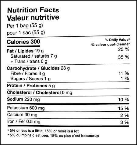 Nutrition facts label of Calbee Sweet Potato Chips, Honey and Butter Flavored, 55g/2 oz. Bag