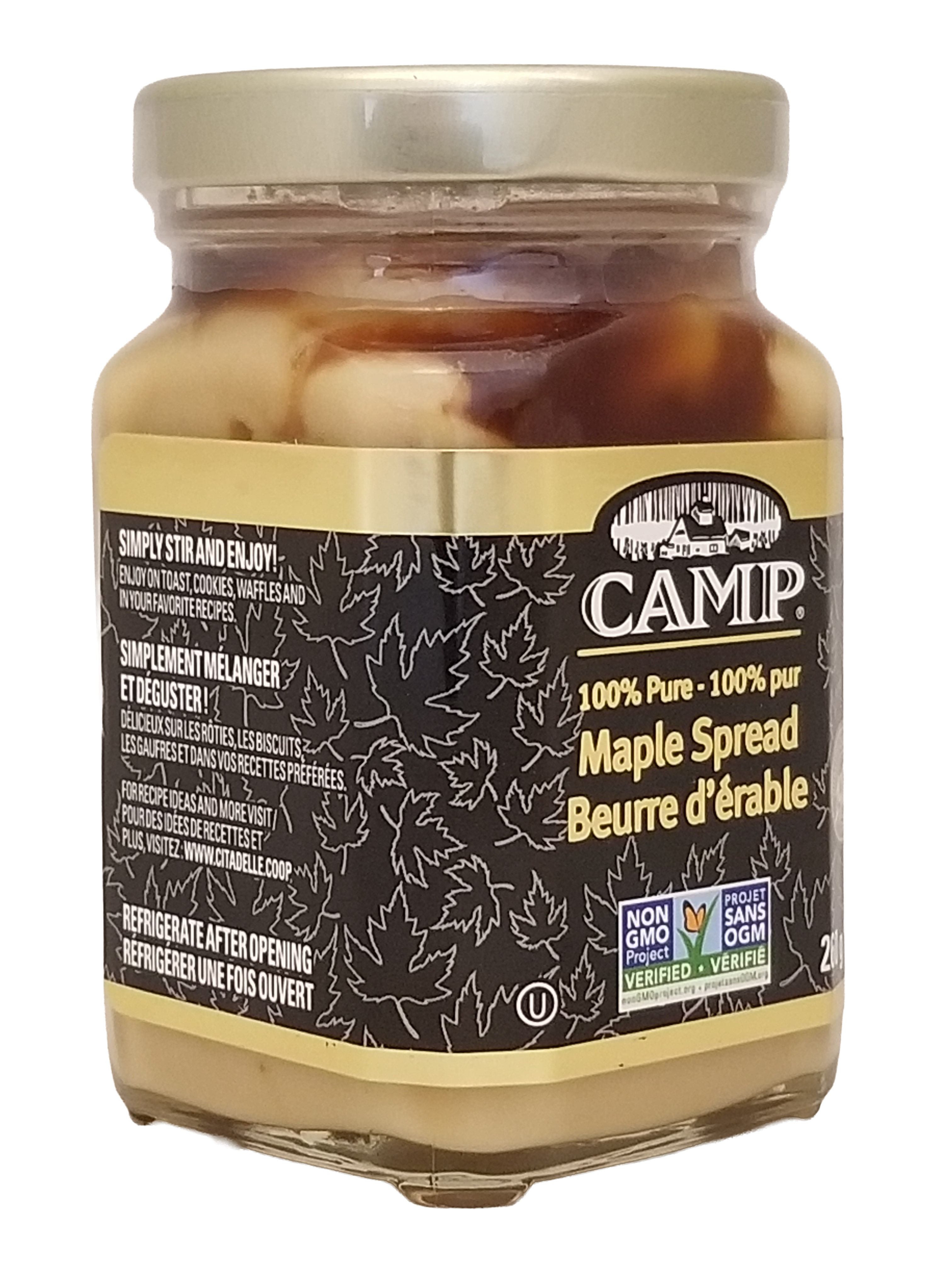 Jar of Camp maple spread with a gold lid on a white background