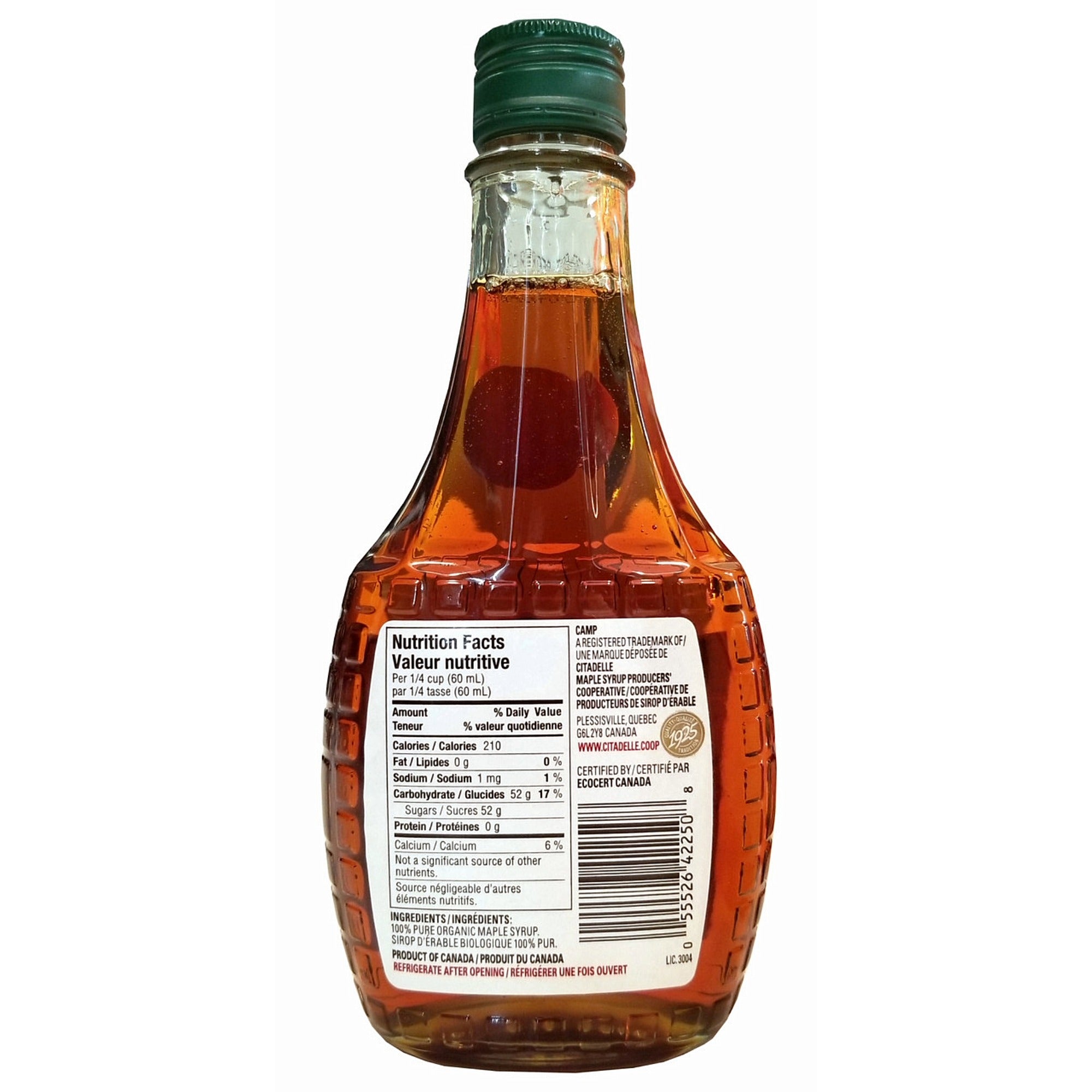 Back side of a Camp 100% pure organic maple syrup bottle.