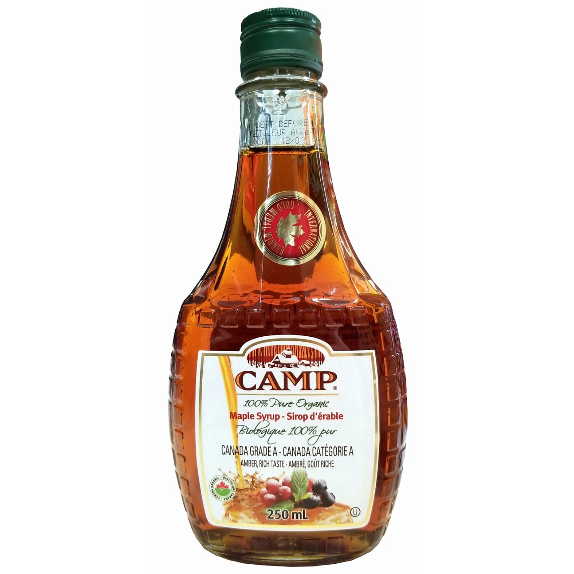 Front side of a Camp 100% pure organic maple syrup bottle.
