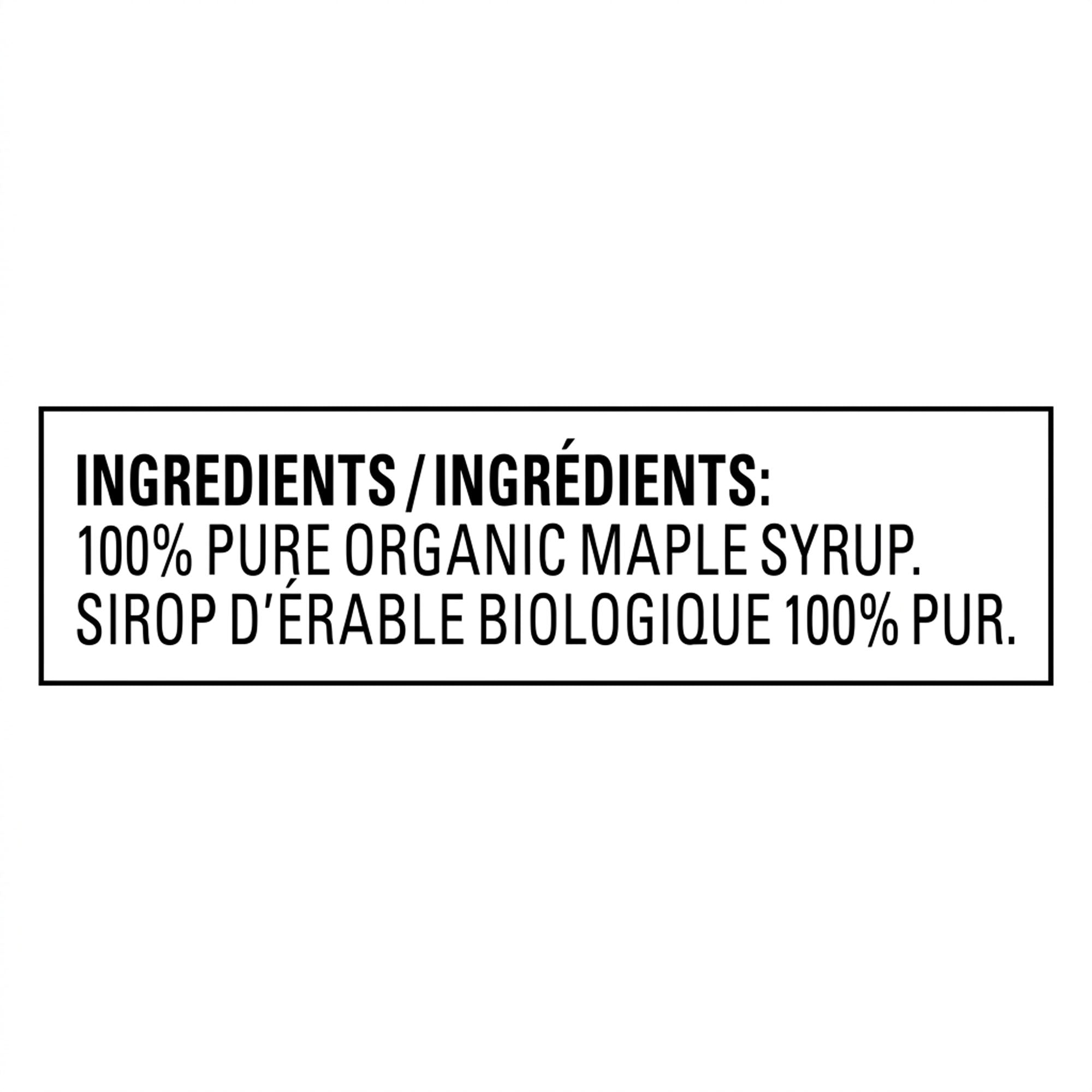 Ingredients label of Camp 100% pure organic maple syrup in English and French.