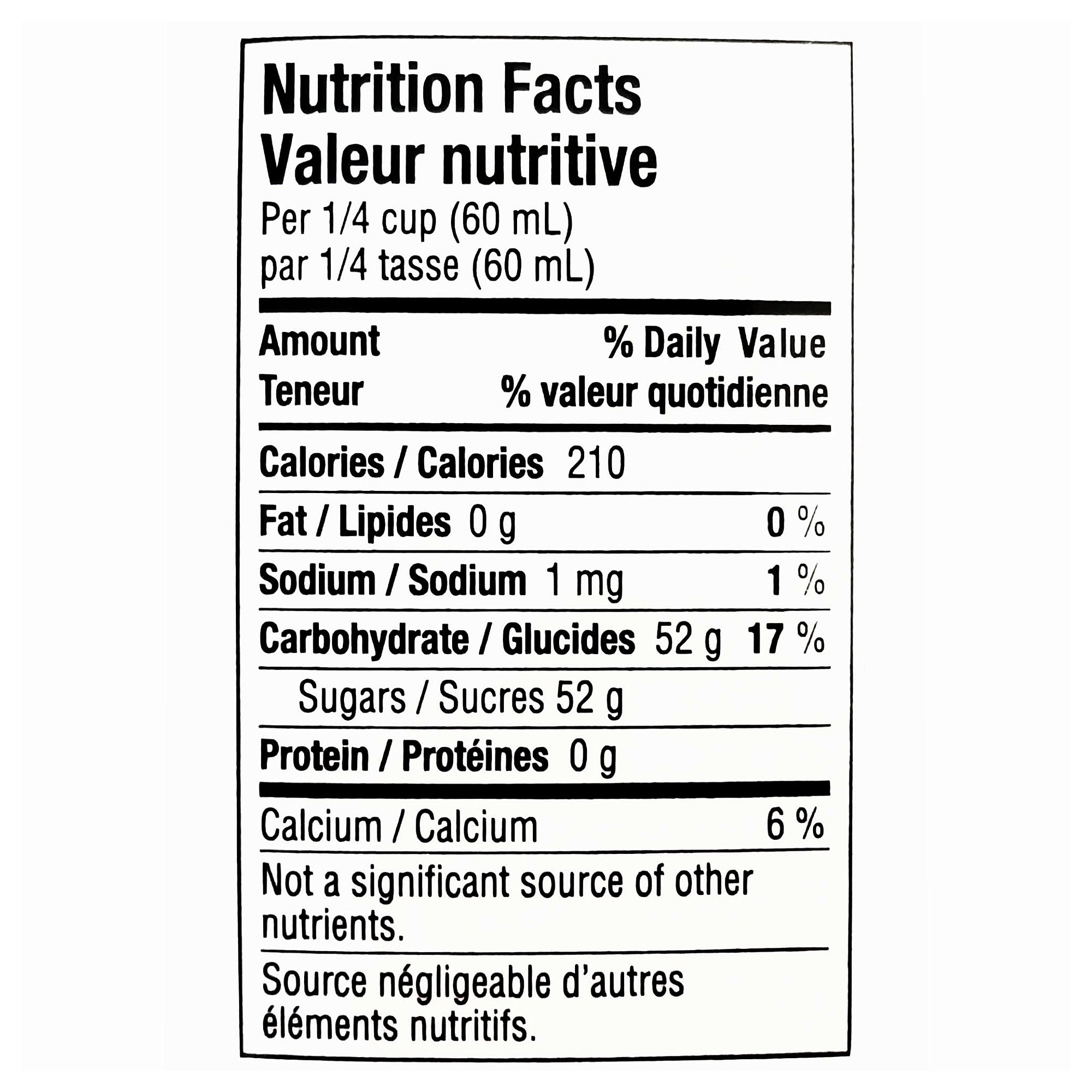 Nutrition facts label in English and French of Camp 100% pure organic maple syrup.