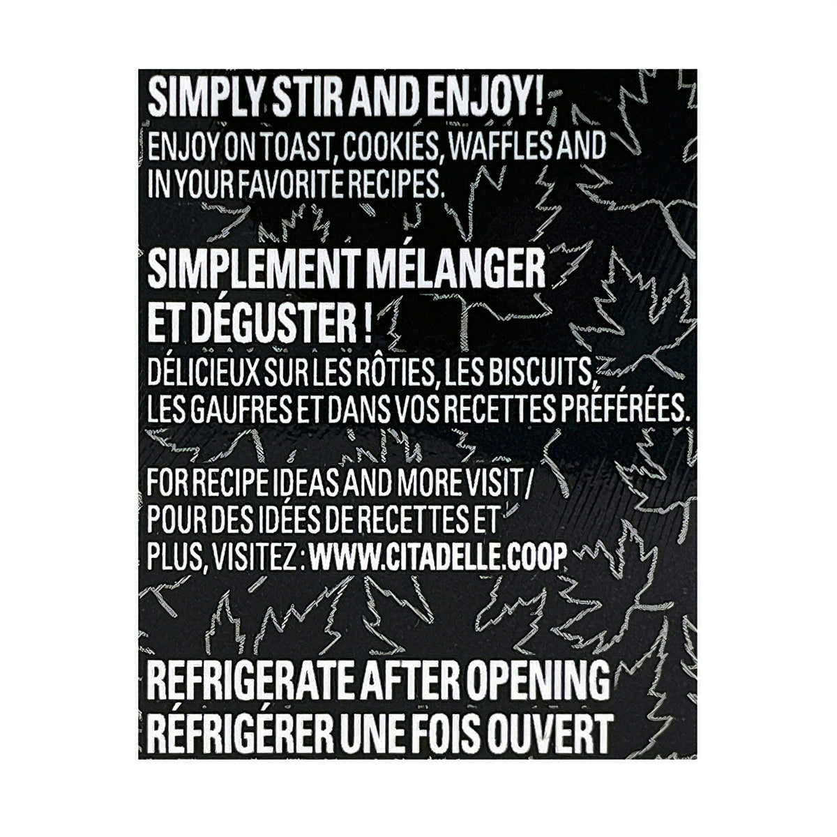 Black label with use directions with white text and leaf pattern