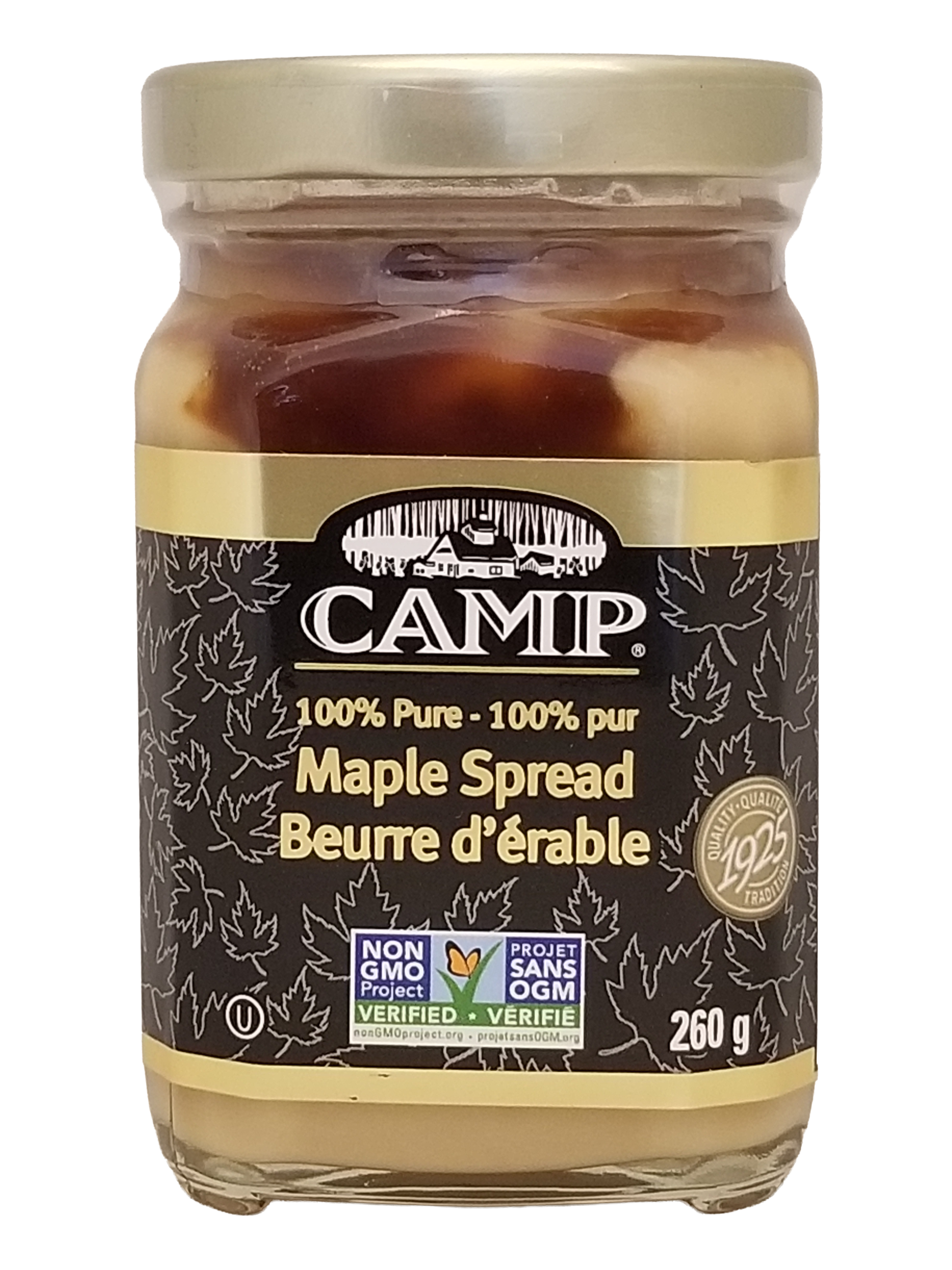 Jar of Camp maple spread with gold lid on a white background