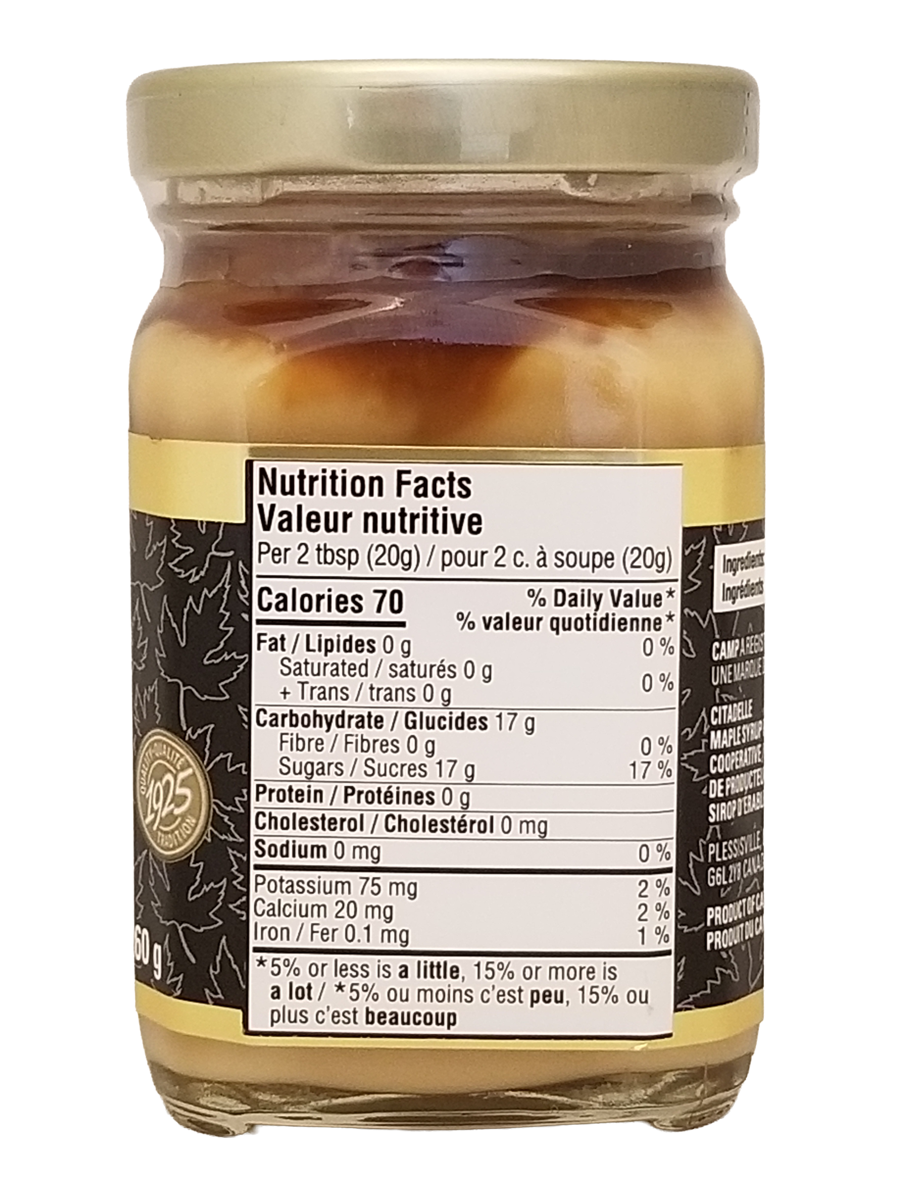 Jar of Camp Maple Butter Spread, Made With 100% Pure Maple Syrup, 260g/9.1 oz with nutrition facts label on a white background
