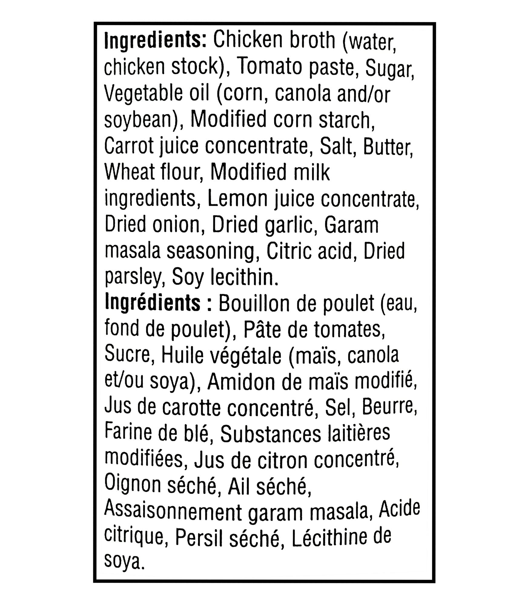 Ingredients list for Campbell's Condensed Butter Chicken Soup 284ml on a white background