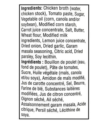 Ingredients list for Campbell's Condensed Butter Chicken Soup 284ml on a white background