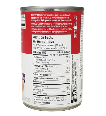 Can of Campbell's Condensed Butter Chicken Soup 284ml with nutrition facts label on a white background