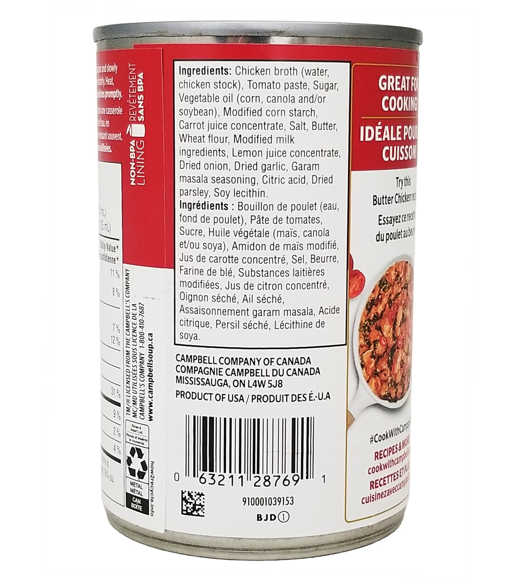 Back of a Campbell's Condensed Butter Chicken Soup 284ml can with text and barcode on a white background