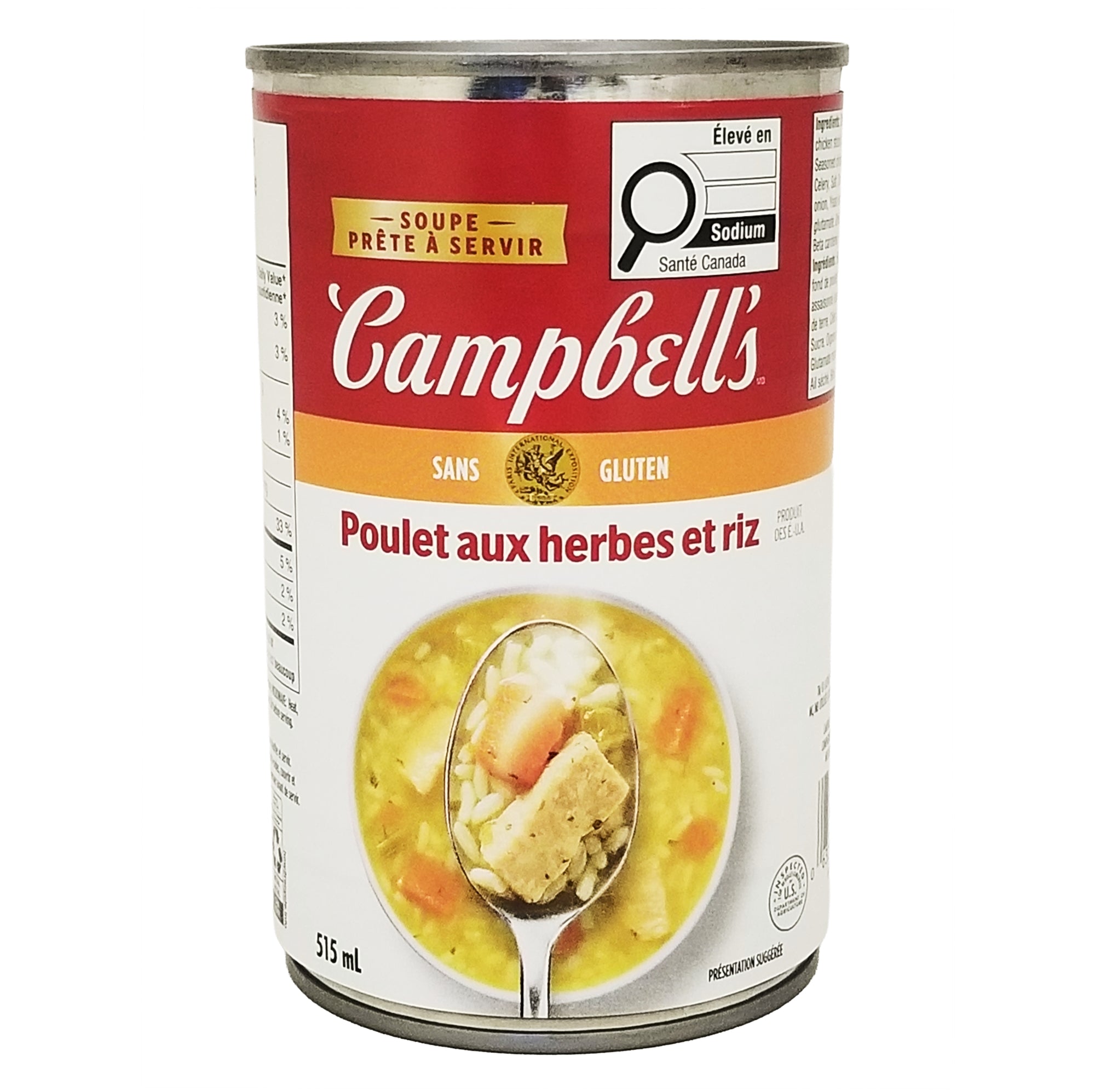 Back can of Campbell's Gluten Free Herbed Chicken With Rice Soup 515ml on a white background