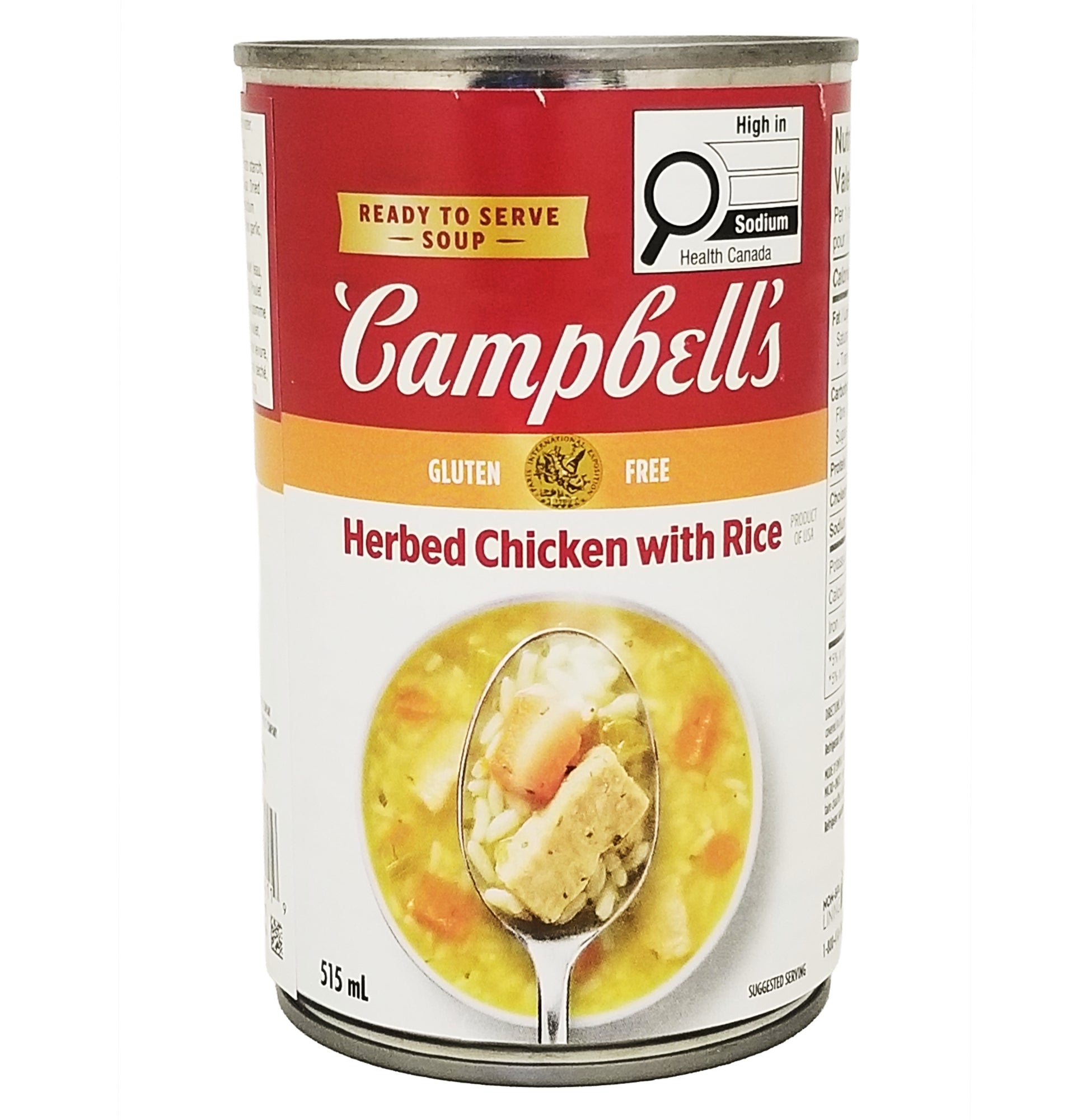 Can of  Campbell's Gluten Free Herbed Chicken With Rice Soup 515ml ready-to-serve on a white background