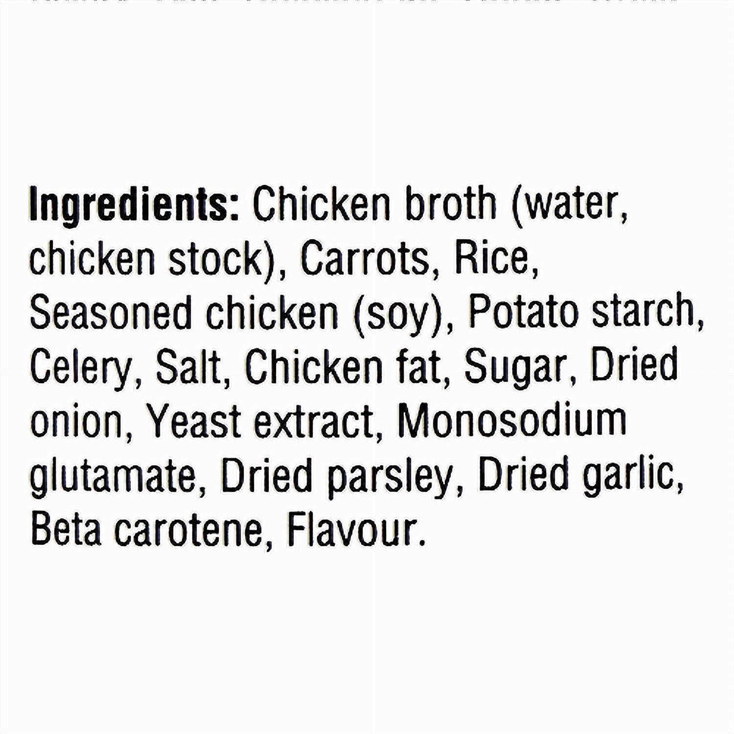 List of ingredients for Campbell's Gluten Free Herbed Chicken With Rice Soup 515ml on a white background