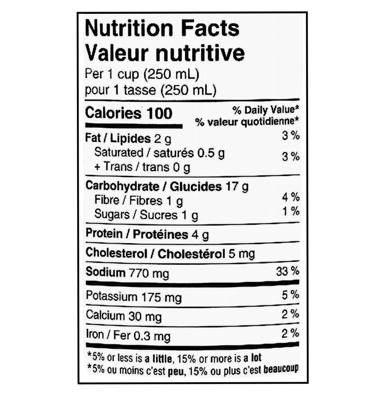 Nutrition facts label for Campbell's Gluten Free Herbed Chicken With Rice Soup 515ml per 250 mL serving