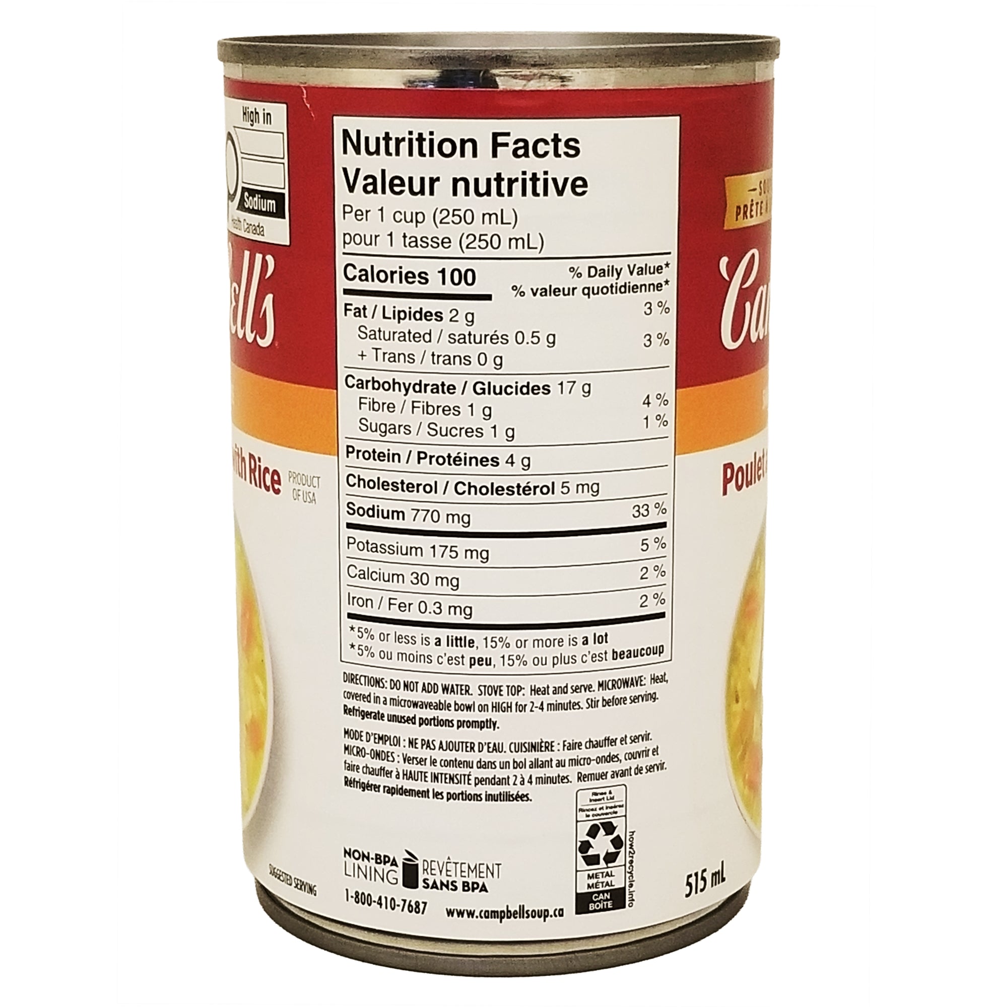 Side view of a Campbell's Gluten Free Herbed Chicken With Rice Soup 515ml can with nutrition facts label on a white background