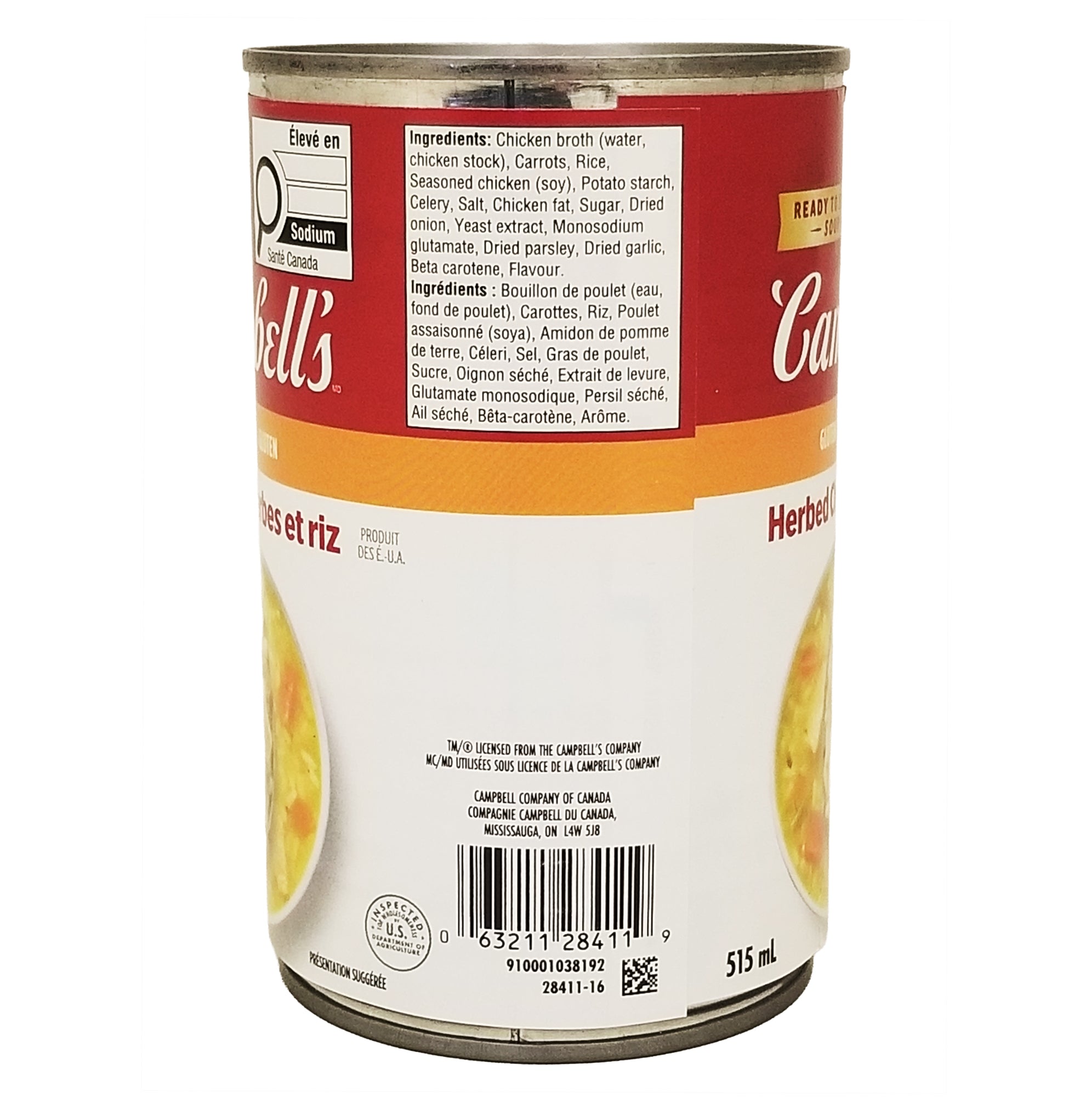 Side view of a Campbell's Gluten Free Herbed Chicken With Rice Soup 515ml can with visible label on a white background