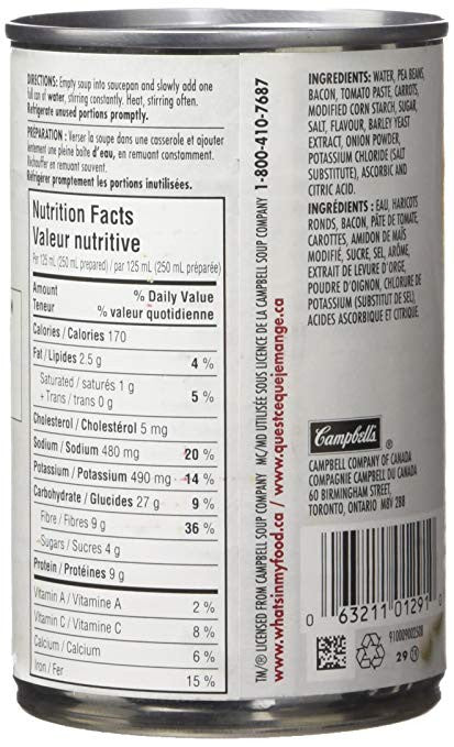 Campbell's Bean and Bacon Soup, 284ml/9.6 oz. Nutrition Facts