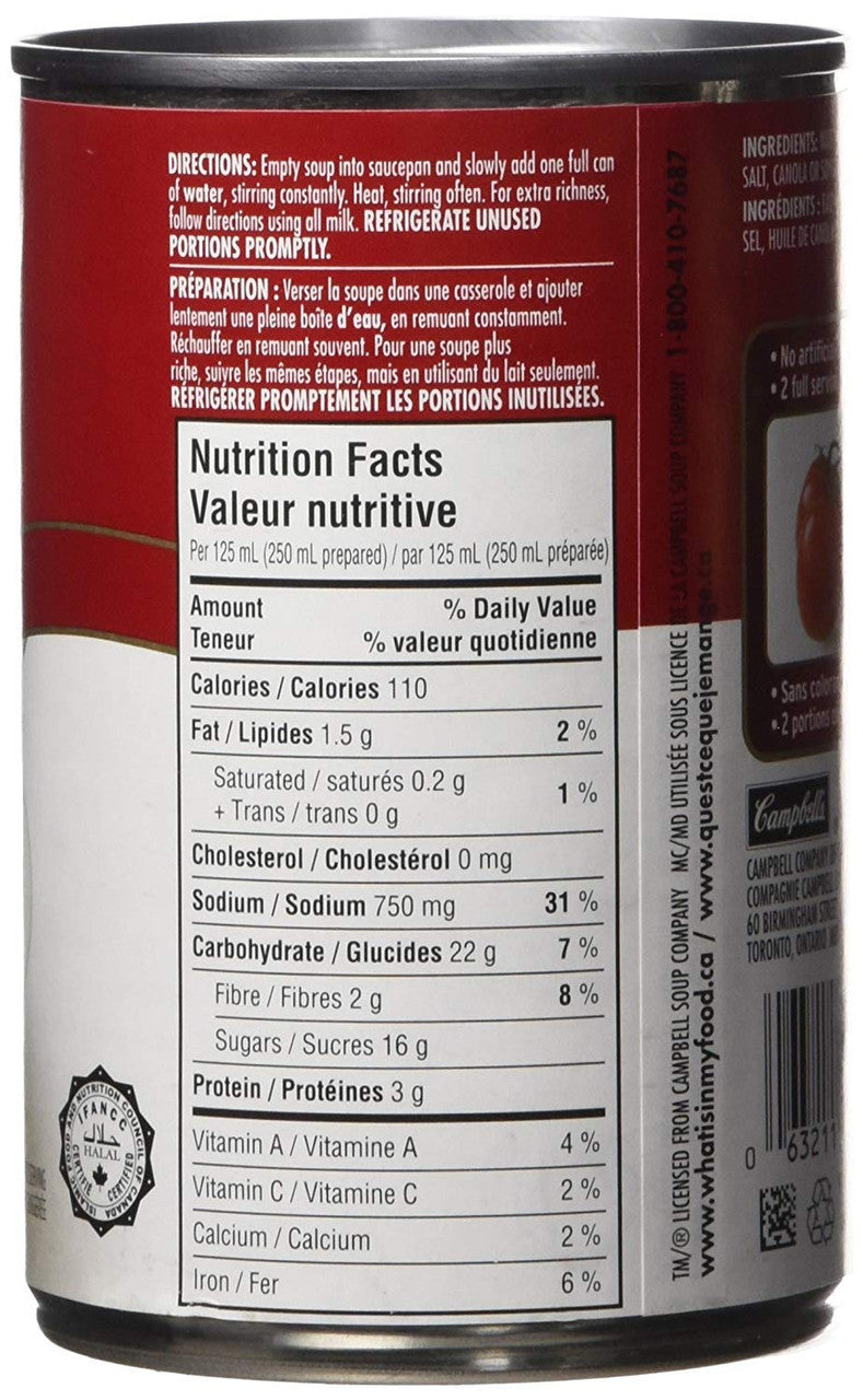 Campbell's Condensed Tomato Soup, 284ml/10 fl.oz. Can Directions and Nutrition Facts