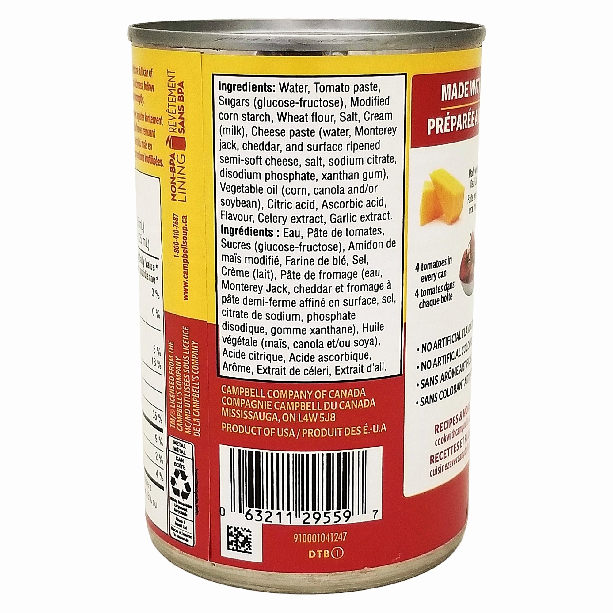 Back of Campbell’s Condensed Grilled Cheese & Tomato Soup, 284 mL / 9.6 fl oz can.