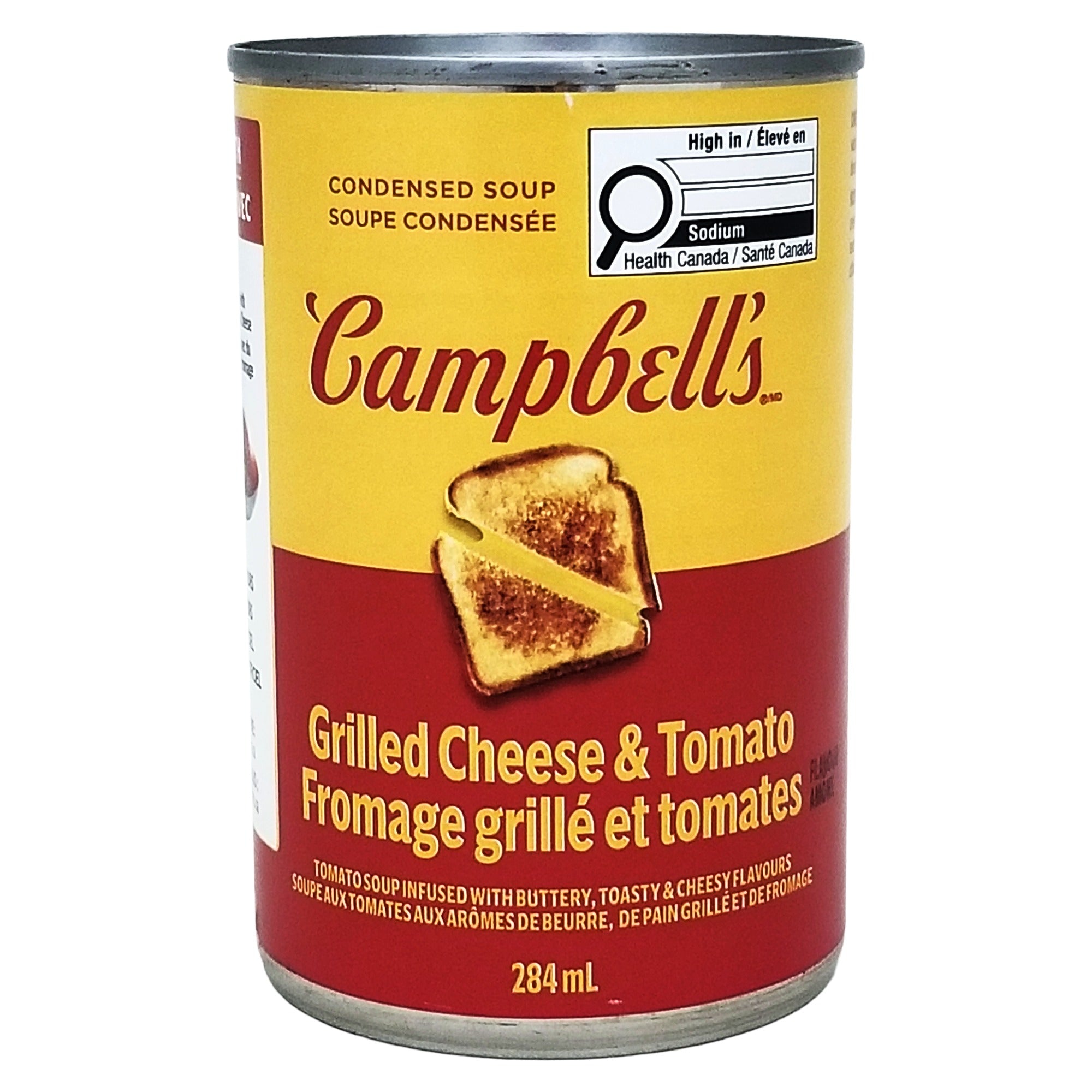 Front of Campbell’s Condensed Grilled Cheese & Tomato Soup, 284 mL / 9.6 fl oz can.
