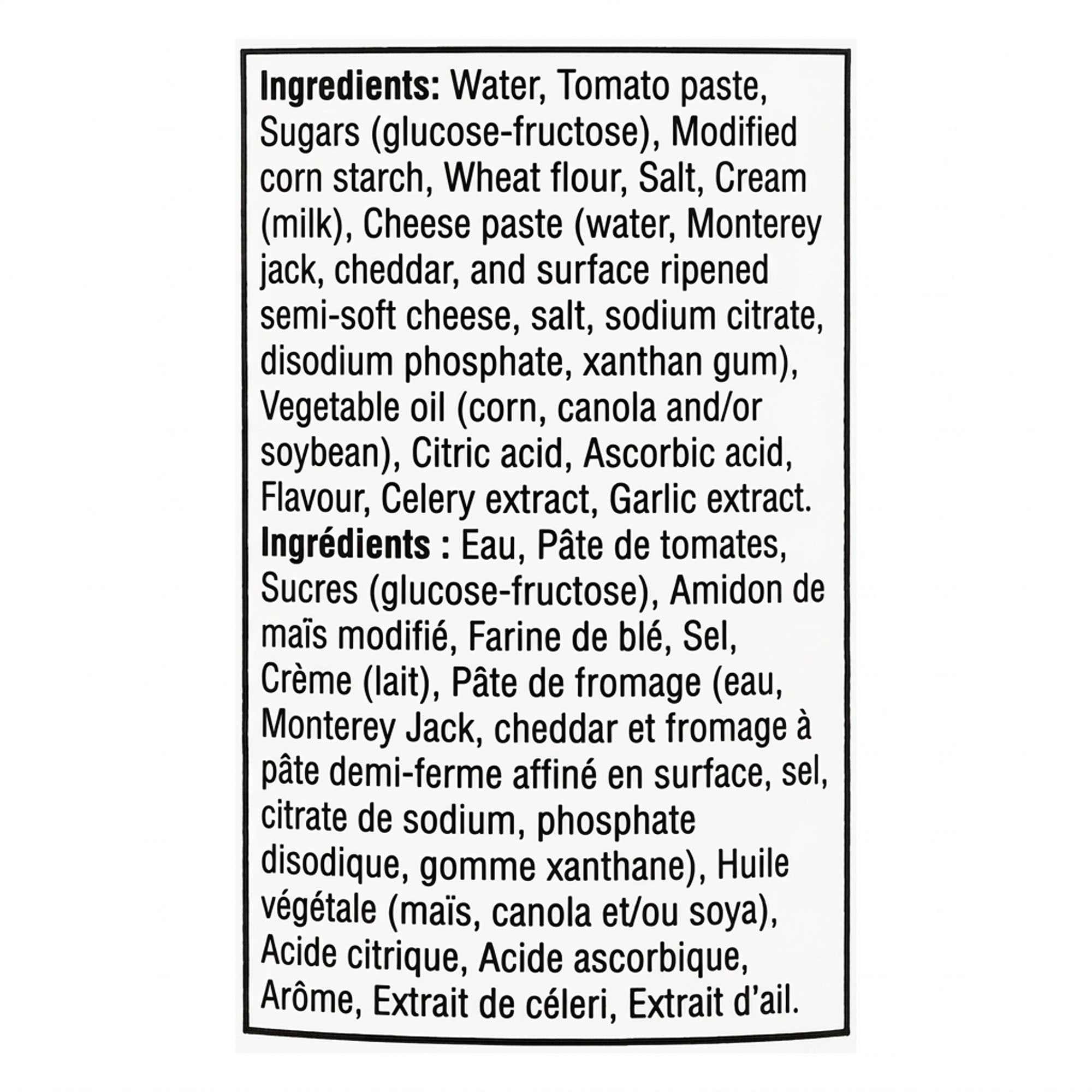 Ingredients label for Campbell’s Condensed Grilled Cheese & Tomato Soup, 284 mL / 9.6 fl oz.