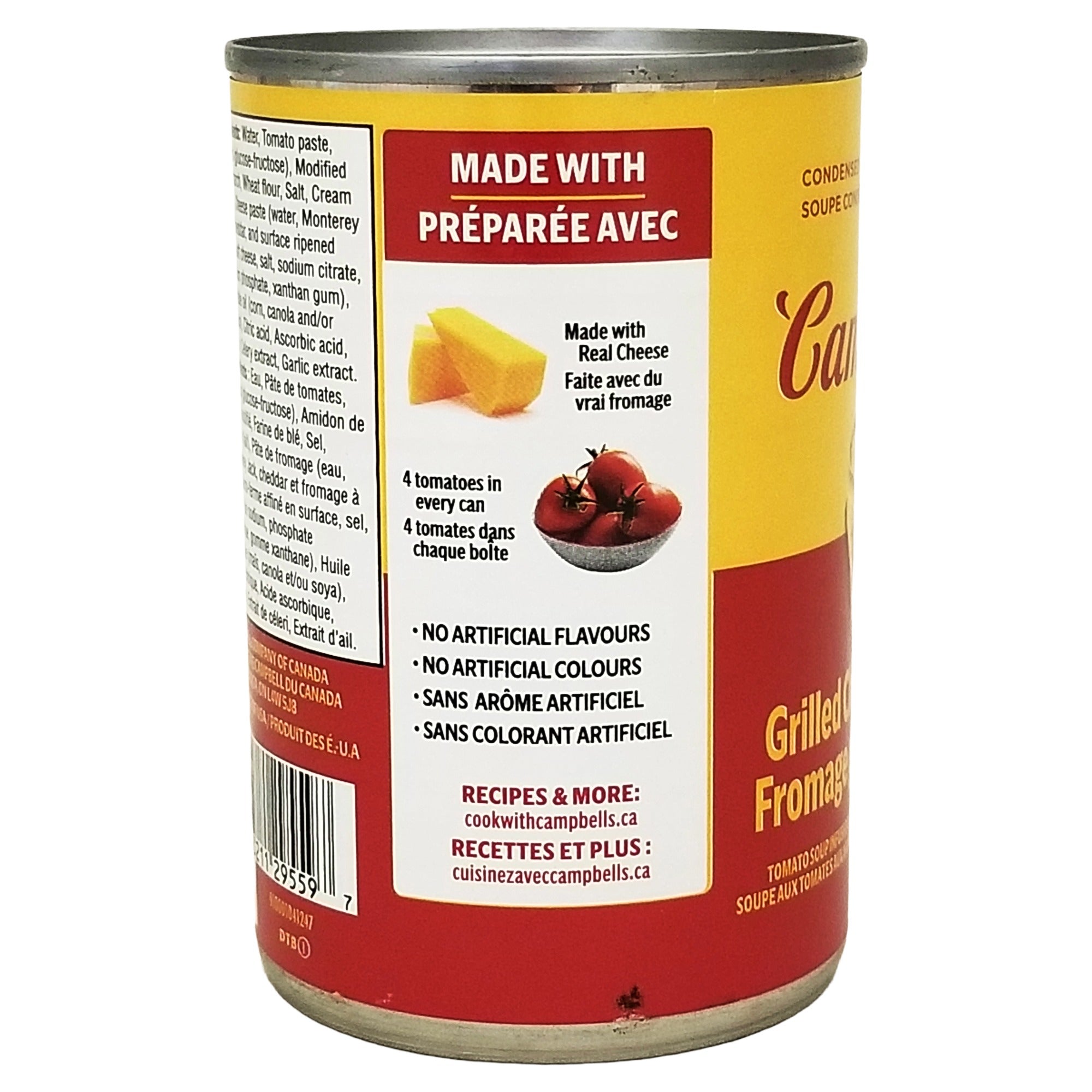 Campbell’s Condensed Grilled Cheese & Tomato Soup, 284 mL / 9.6 fl oz, with a “No artificial colors or flavors” callout.