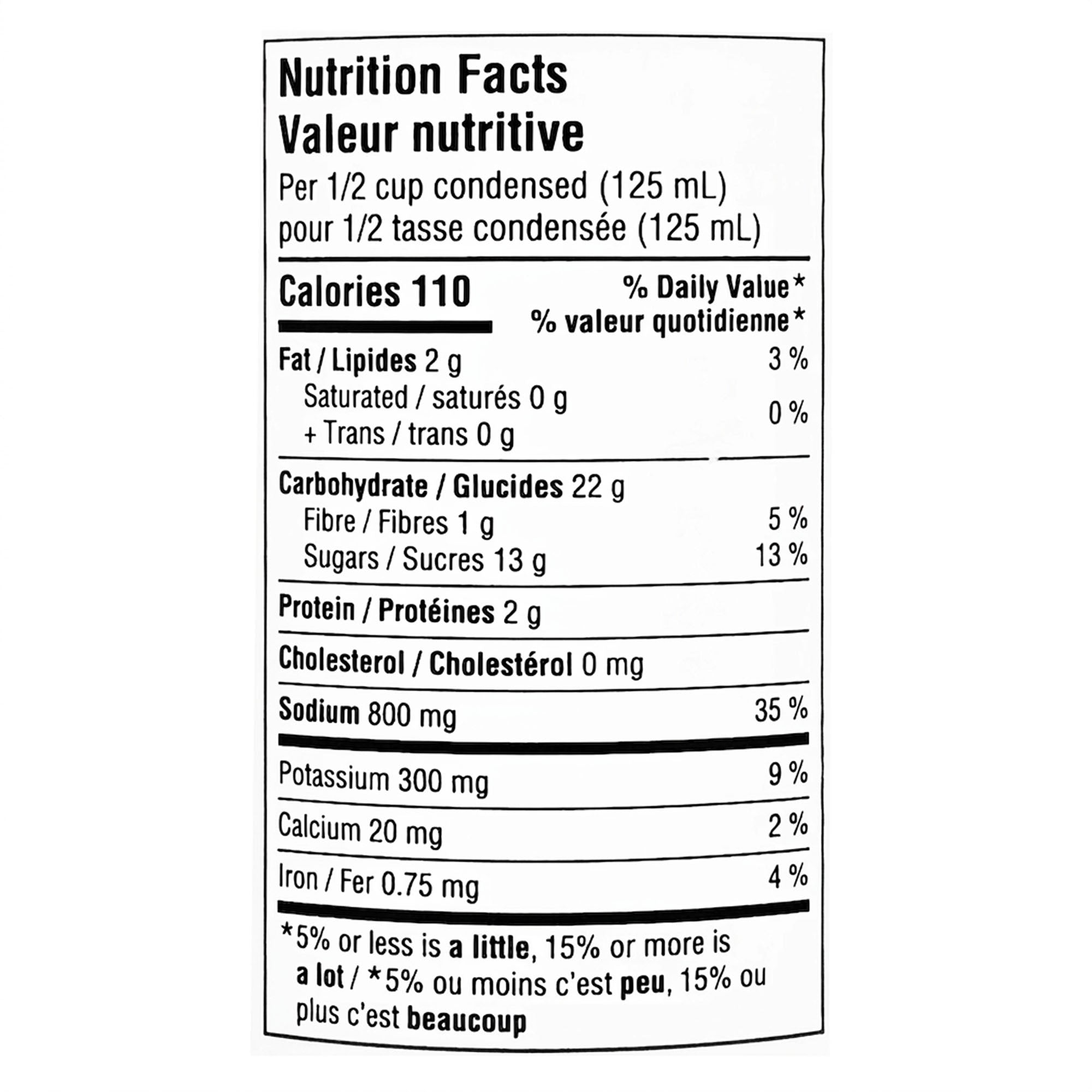 Nutrition facts label for Campbell’s Condensed Grilled Cheese & Tomato Soup, 284 mL / 9.6 fl oz.