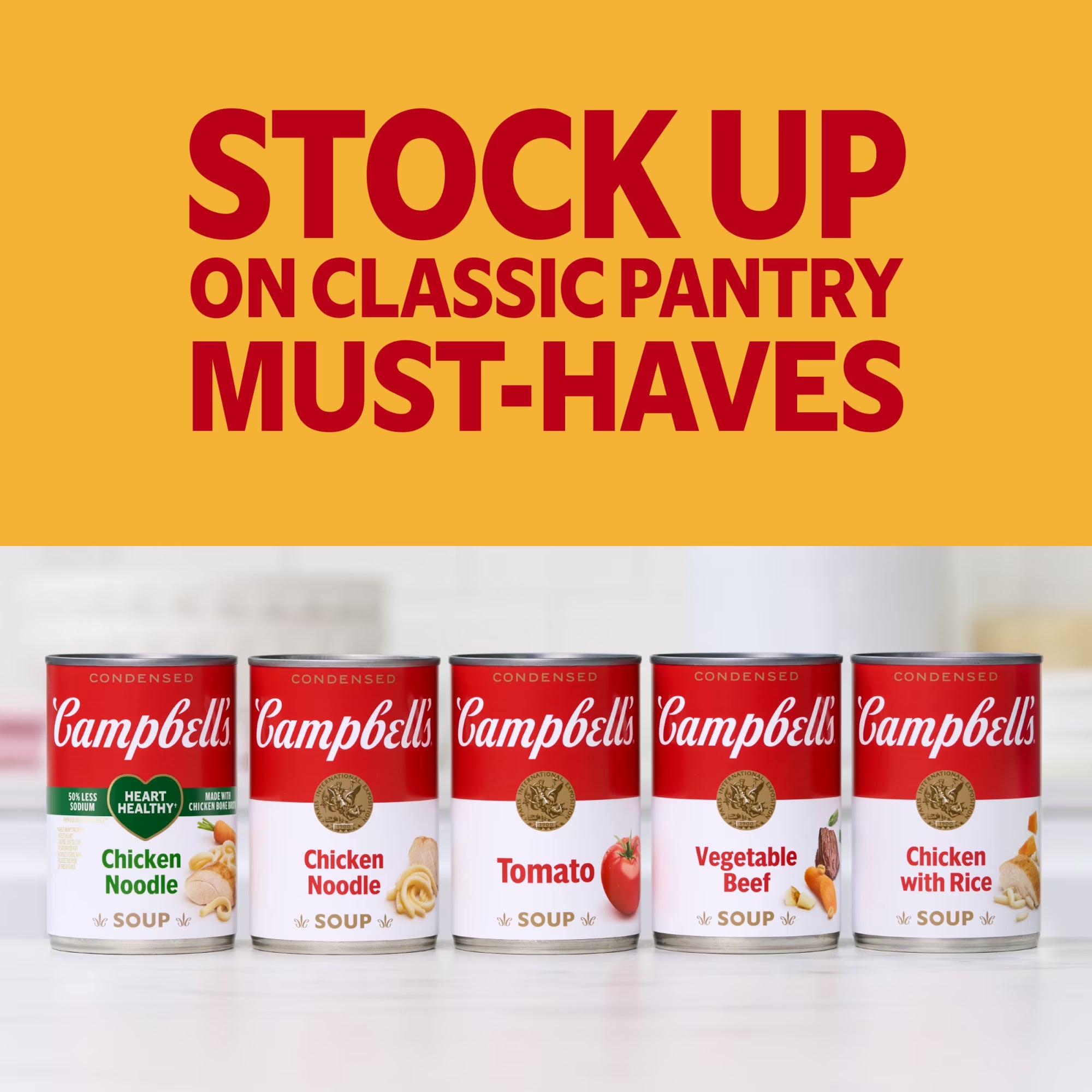 Campbell’s Condensed Grilled Cheese & Tomato Soup, 284 mL / 9.6 fl oz, featured as a pantry staple.