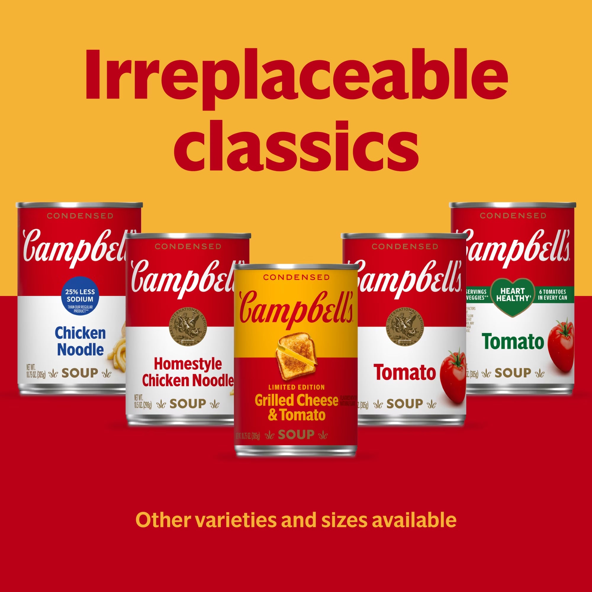 Campbell’s Condensed Grilled Cheese & Tomato Soup, 284 mL / 9.6 fl oz, shown in a variety-of-flavors graphic.