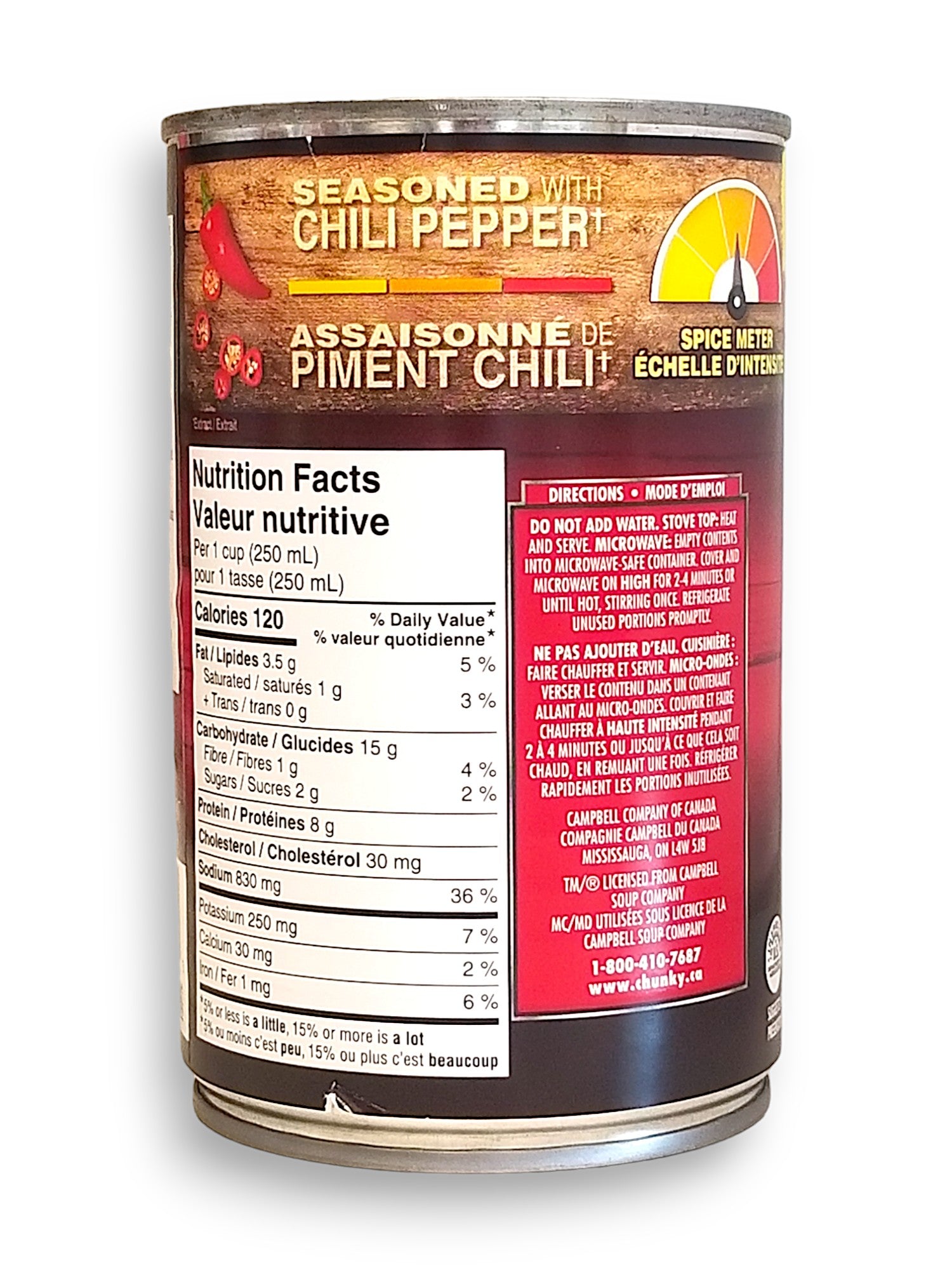 Campbell's Chunky Spicy Chicken Noodle Soup, 515ml, back of tin.