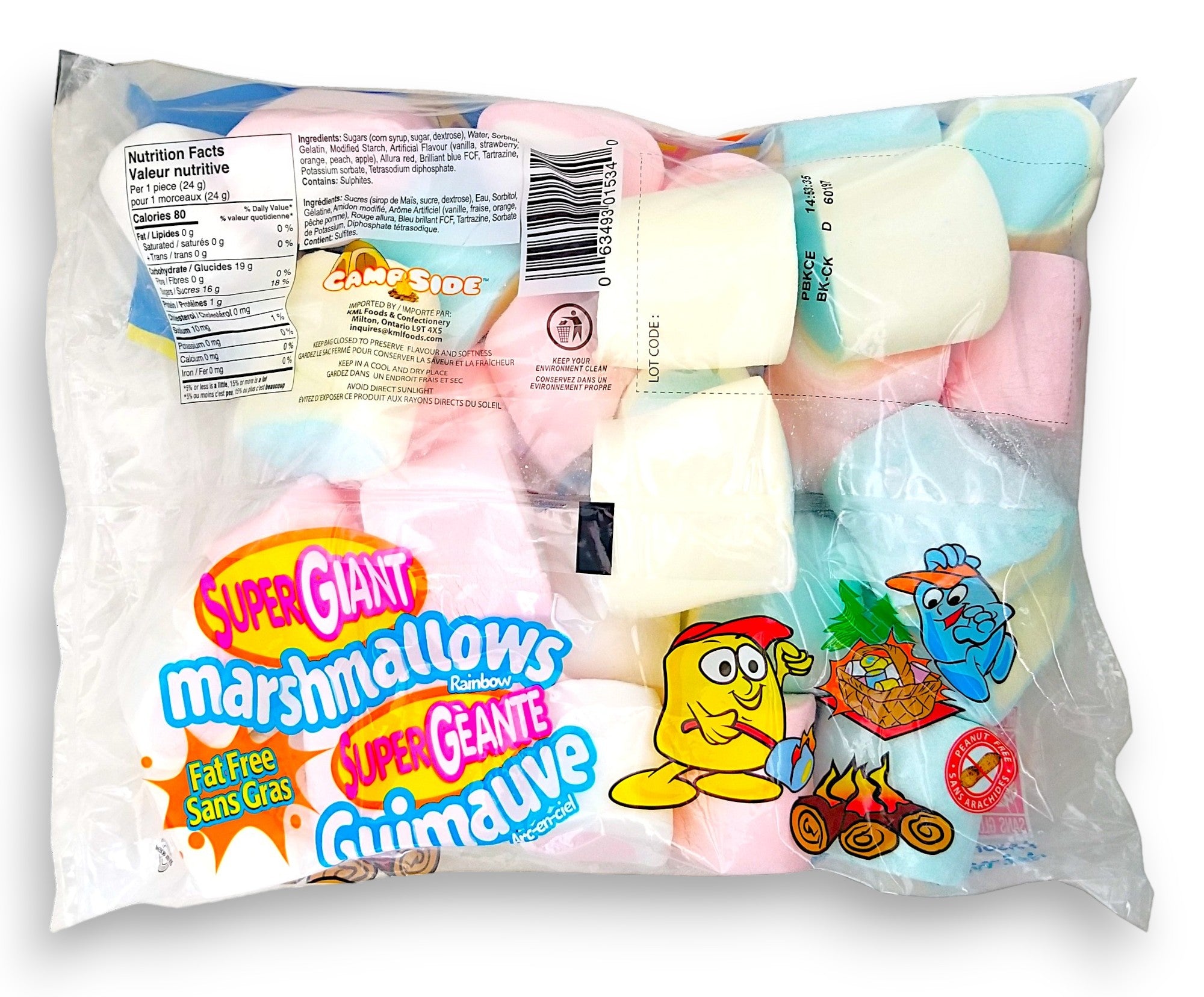 Campside Super Giant Rainbow Marshmallows, 700g, back of bag.