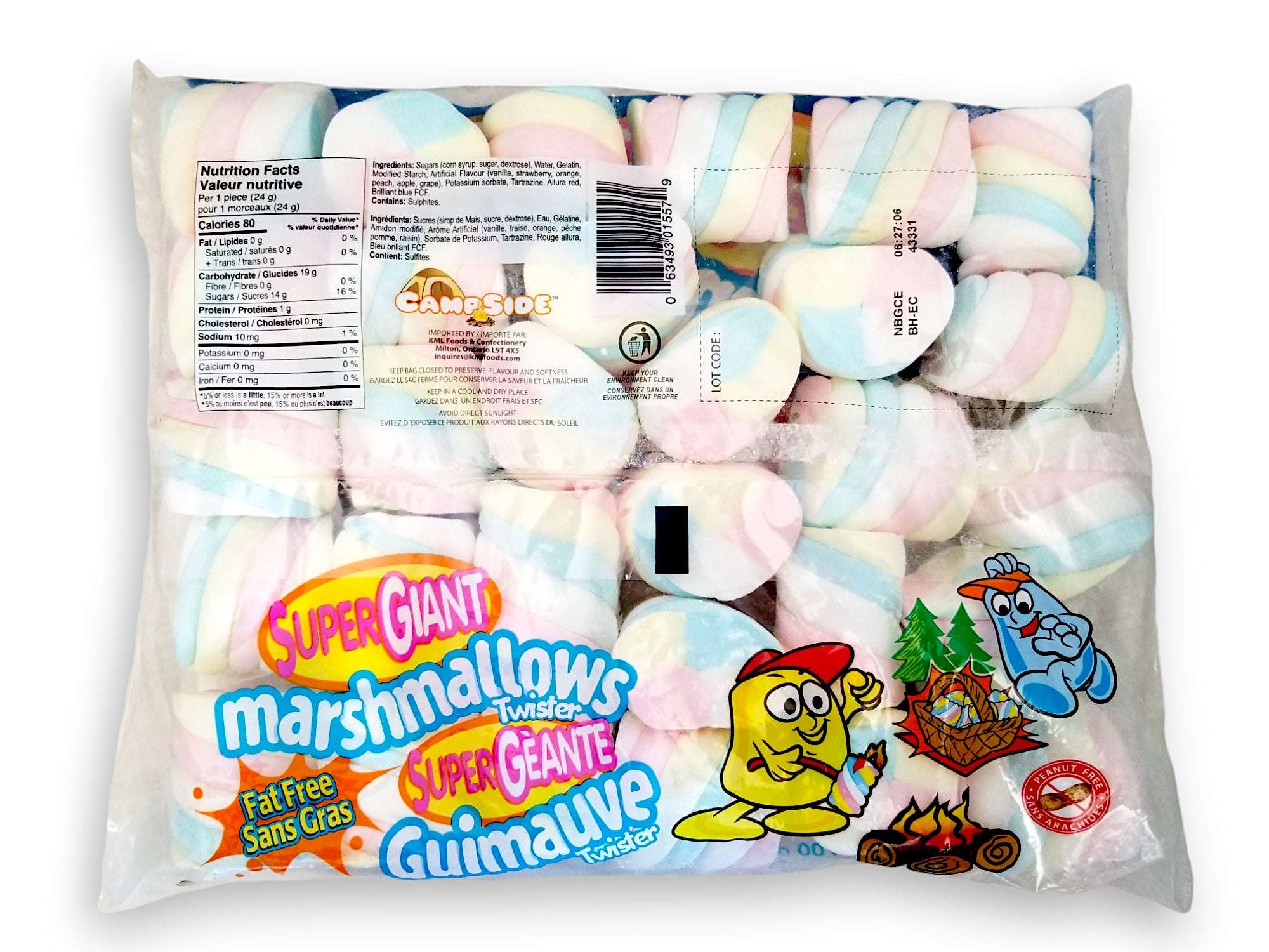 Campside Super Giant Twister Marshmallows, 700g, back of bag.