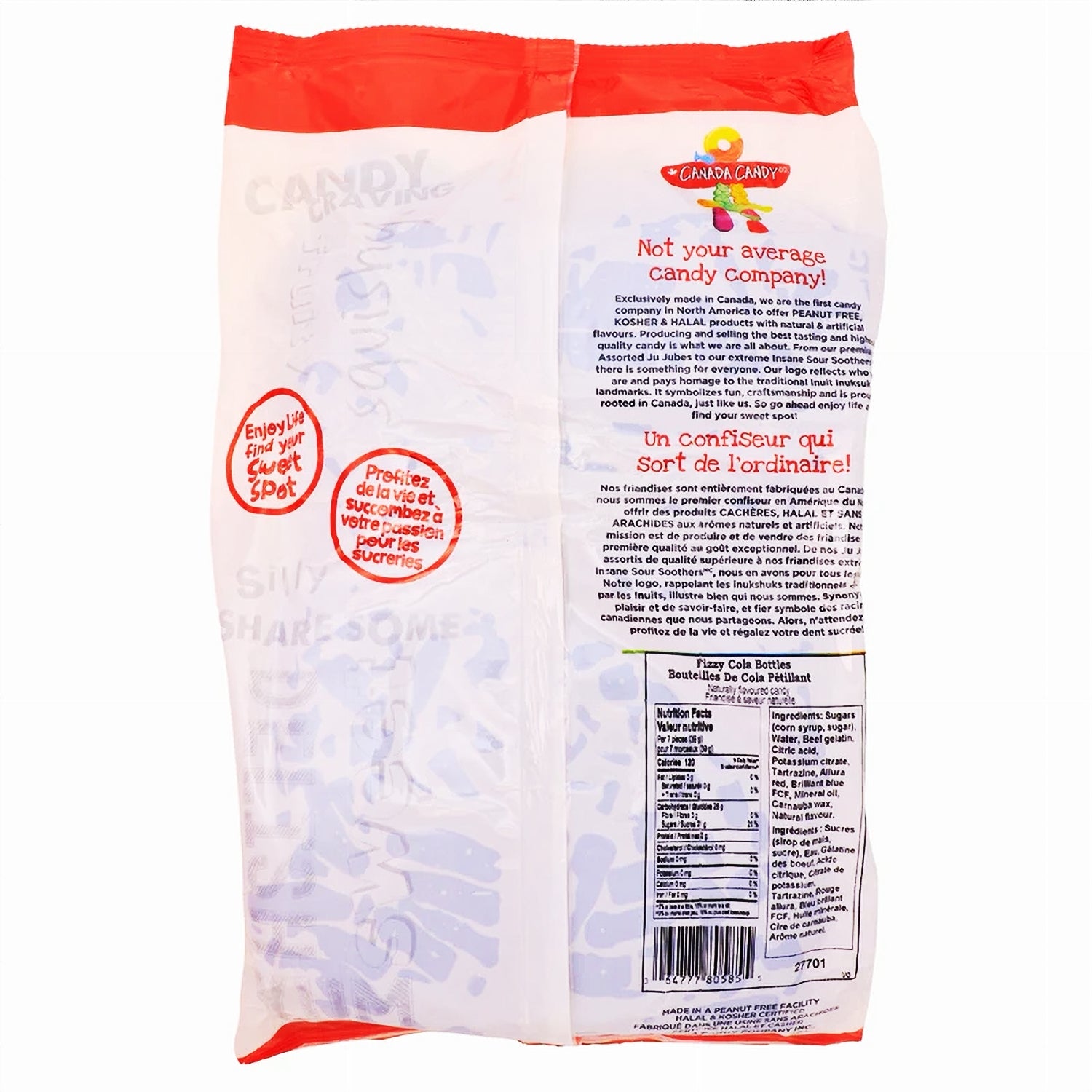 Back of Canada Candy Fizzy Cola Bottles 2.5kg bag – certifications and product details