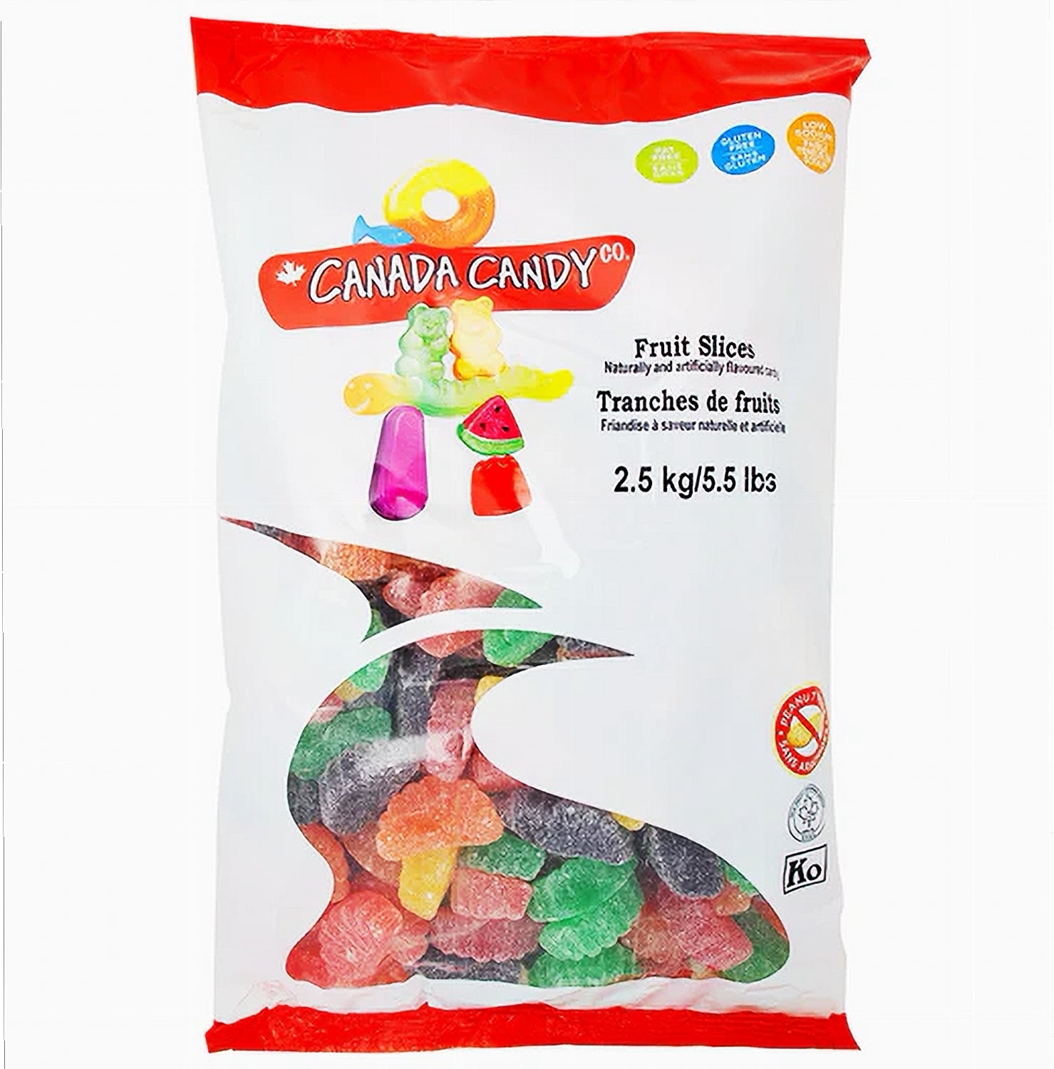 Canada Candy Fruit Slices 2.5kg bag, front packaging – Peanut Free, Kosher & Halal