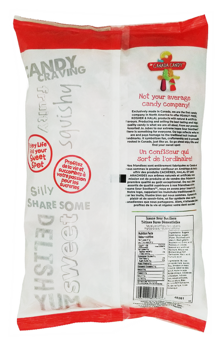 Back side of a Canada Candy INSANE Sour Soothers Gummy Candy, Peanut Free - 2.5kg package on a white backround
