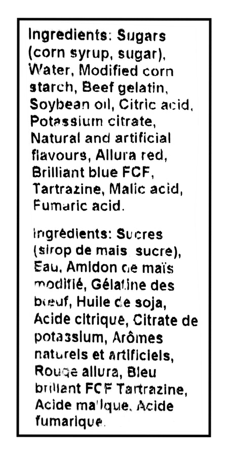 Ingredients label for Canada Candy INSANE Sour Soothers Gummy Candy, Peanut Free - 2.5kg with a back outline 