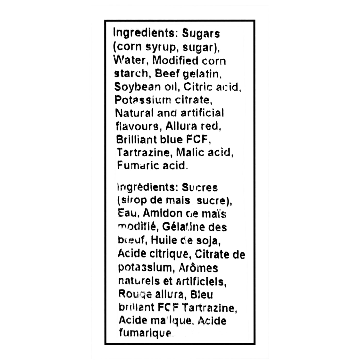 Ingredients list for Canada Candy Insane Sour Soothers Gummies 2.5kg – Peanut Free, Kosher & Halal