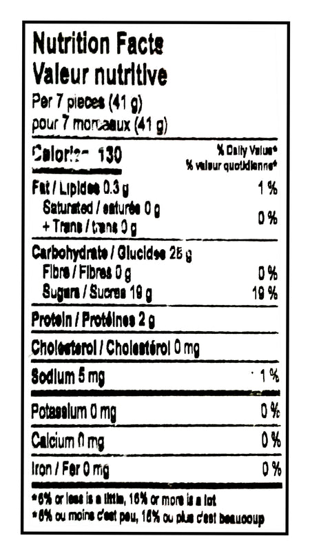 Nutrition facts label for Canada Candy INSANE Sour Soothers Gummy Candy, Peanut Free - 2.5kg with a black outline