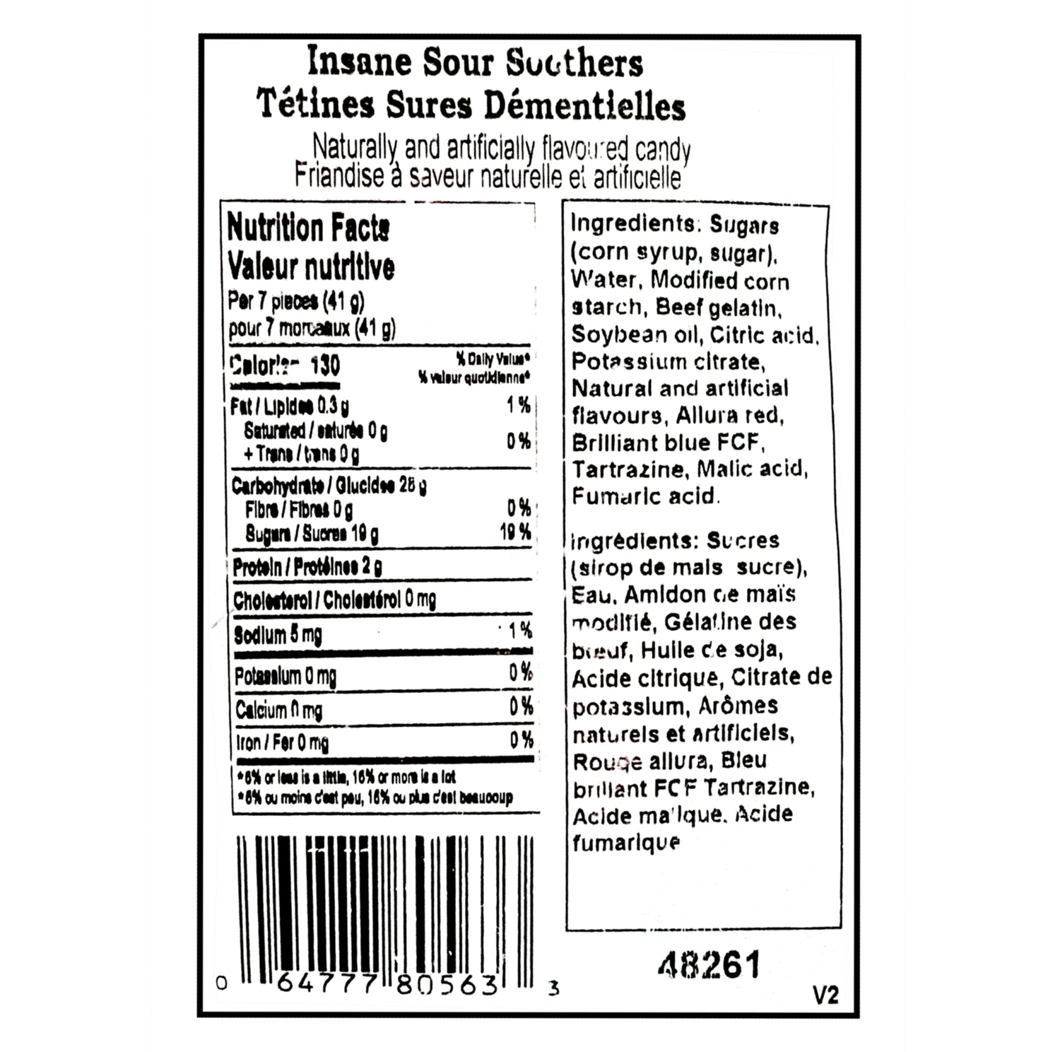 Nutrition facts and ingredients for Canada Candy Insane Sour Soothers Gummies 2.5kg