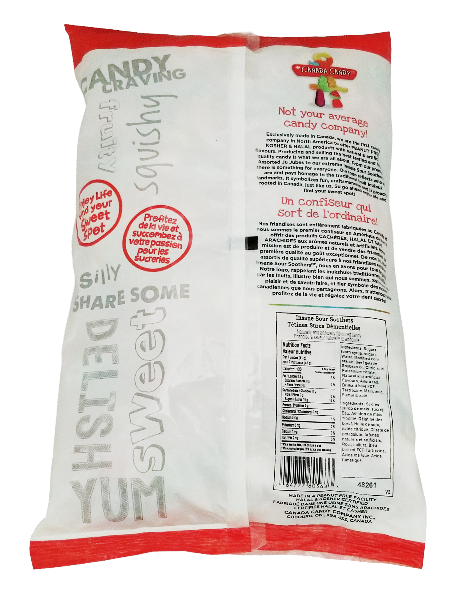 Back of a Canada Candy INSANE Sour Soothers Gummy Candy, Peanut Free - 2.5kg package on a white background
