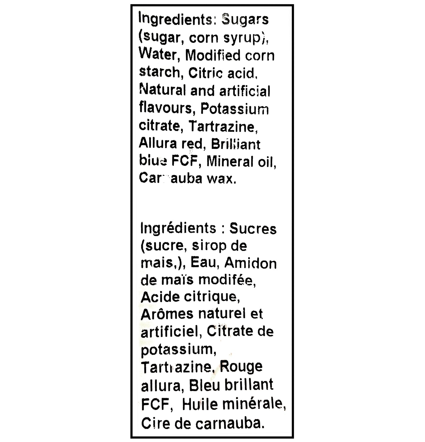 Ingredients list for Canada Candy Ju Jubes 2.5kg – Peanut Free, Gluten Free, Kosher & Halal
