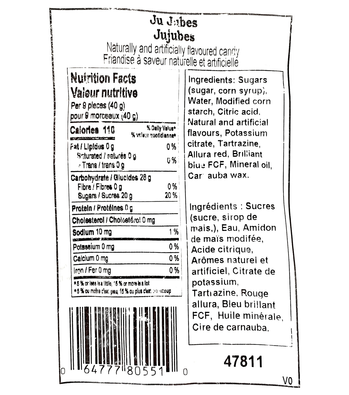 UPC barcode label for Canada Candy Ju Jubes 2.5kg bulk bag