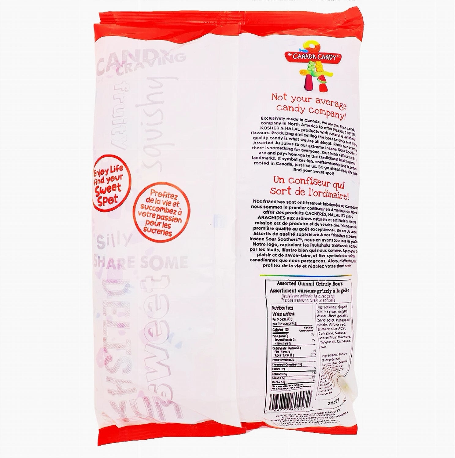 Back of Canada Candy Jumbo Gummi Grizzly Bears 2.5kg bag – certifications and product details