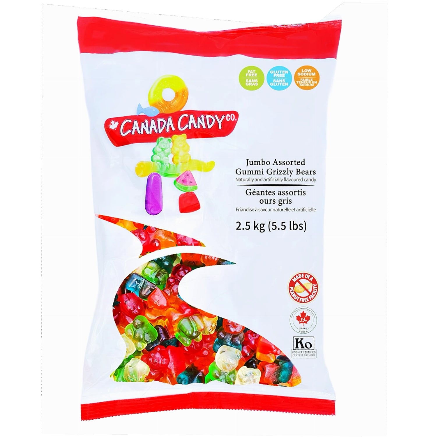 Canada Candy Jumbo Assorted Gummi Grizzly Bears 2.5kg bulk bag, front view – Made in Canada